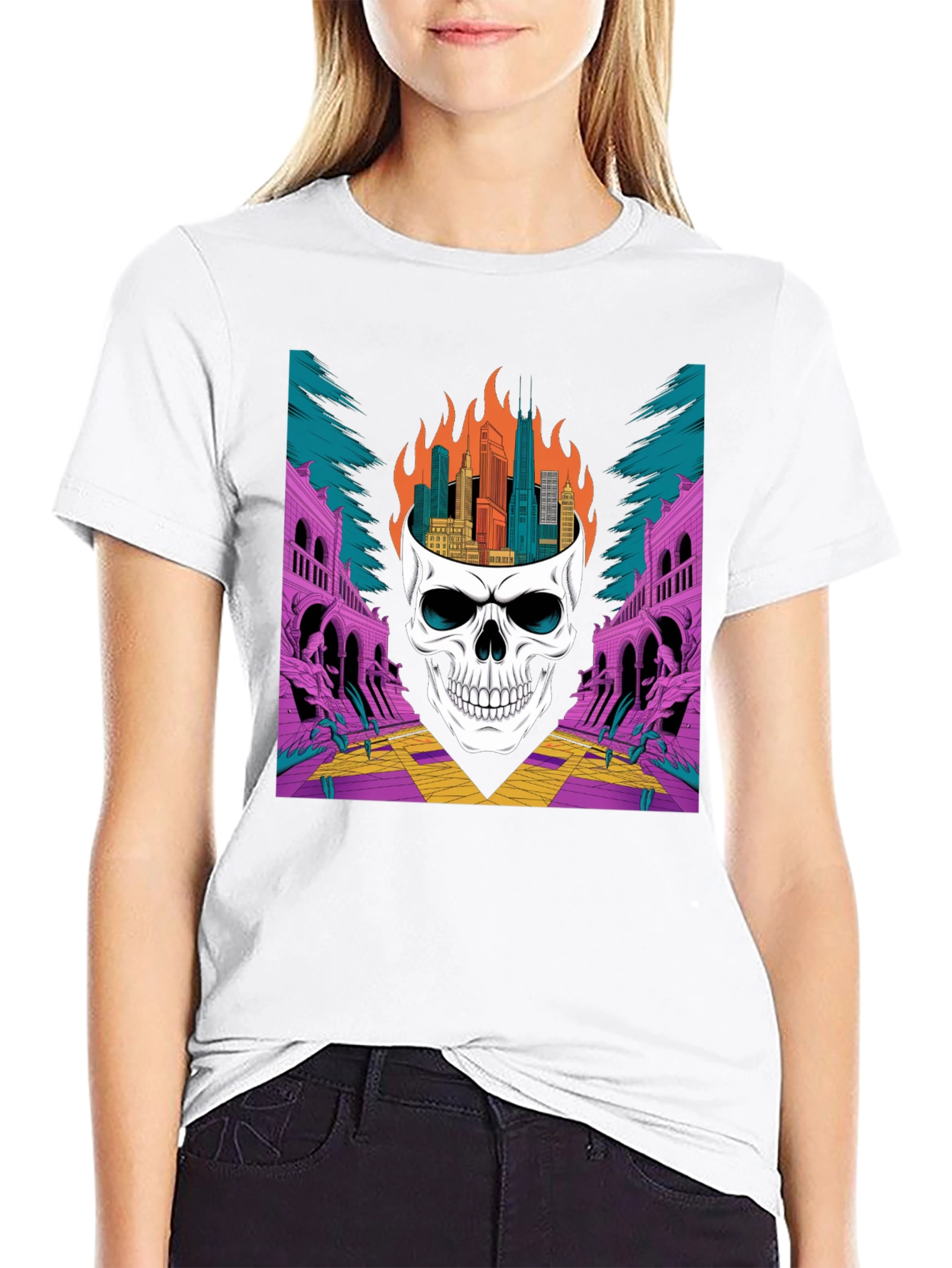 Skull Cityscape Graphic Tee - Edgy Streetwear