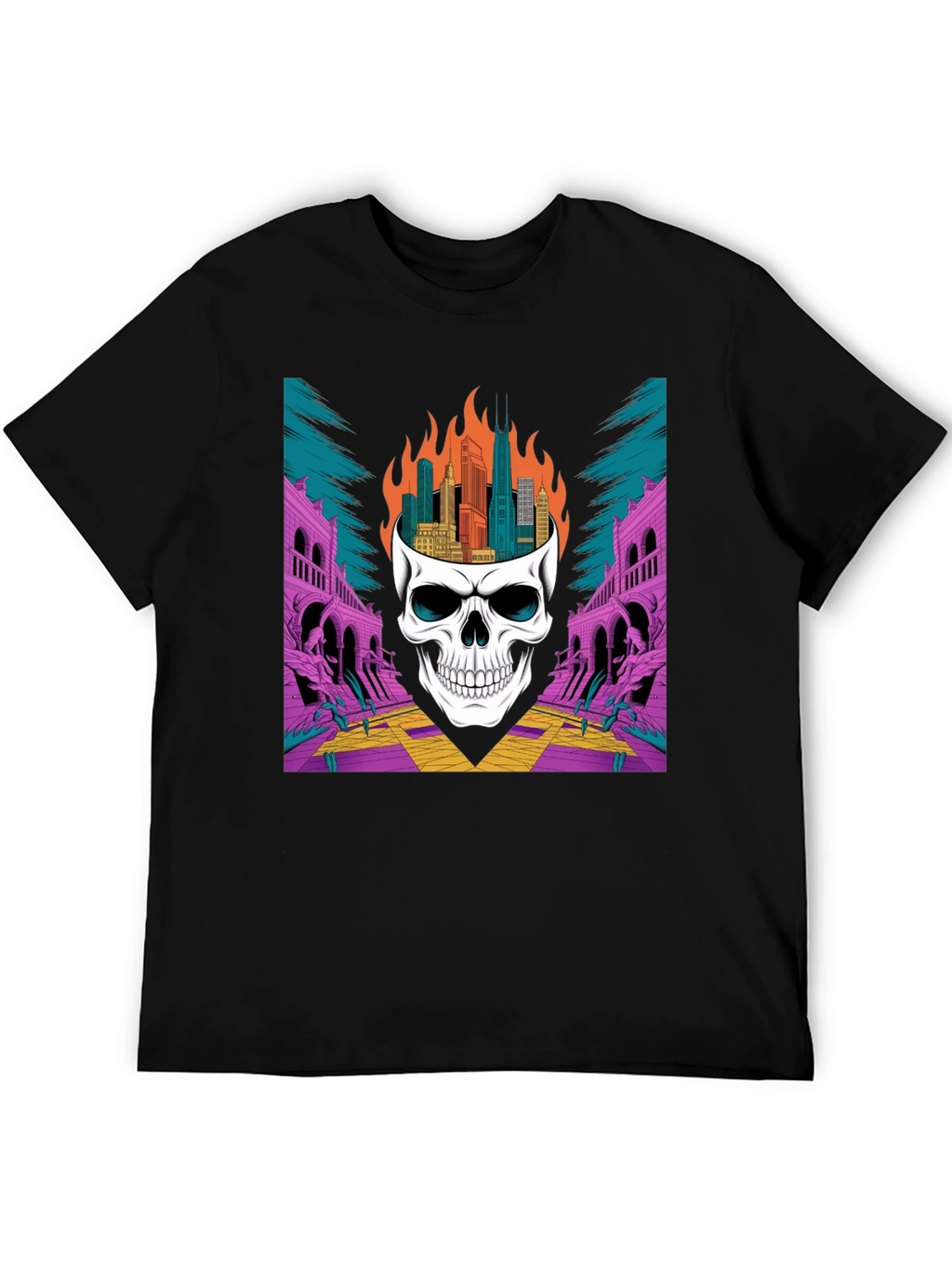 Skull Cityscape Graphic Tee - Edgy Streetwear