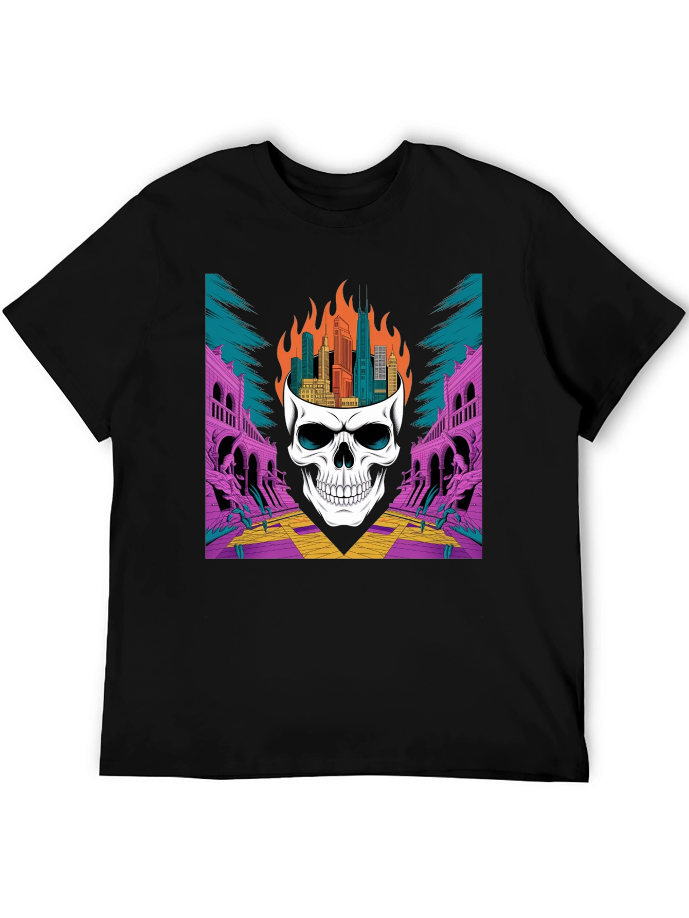 Skull Cityscape Graphic Tee - Edgy Streetwear