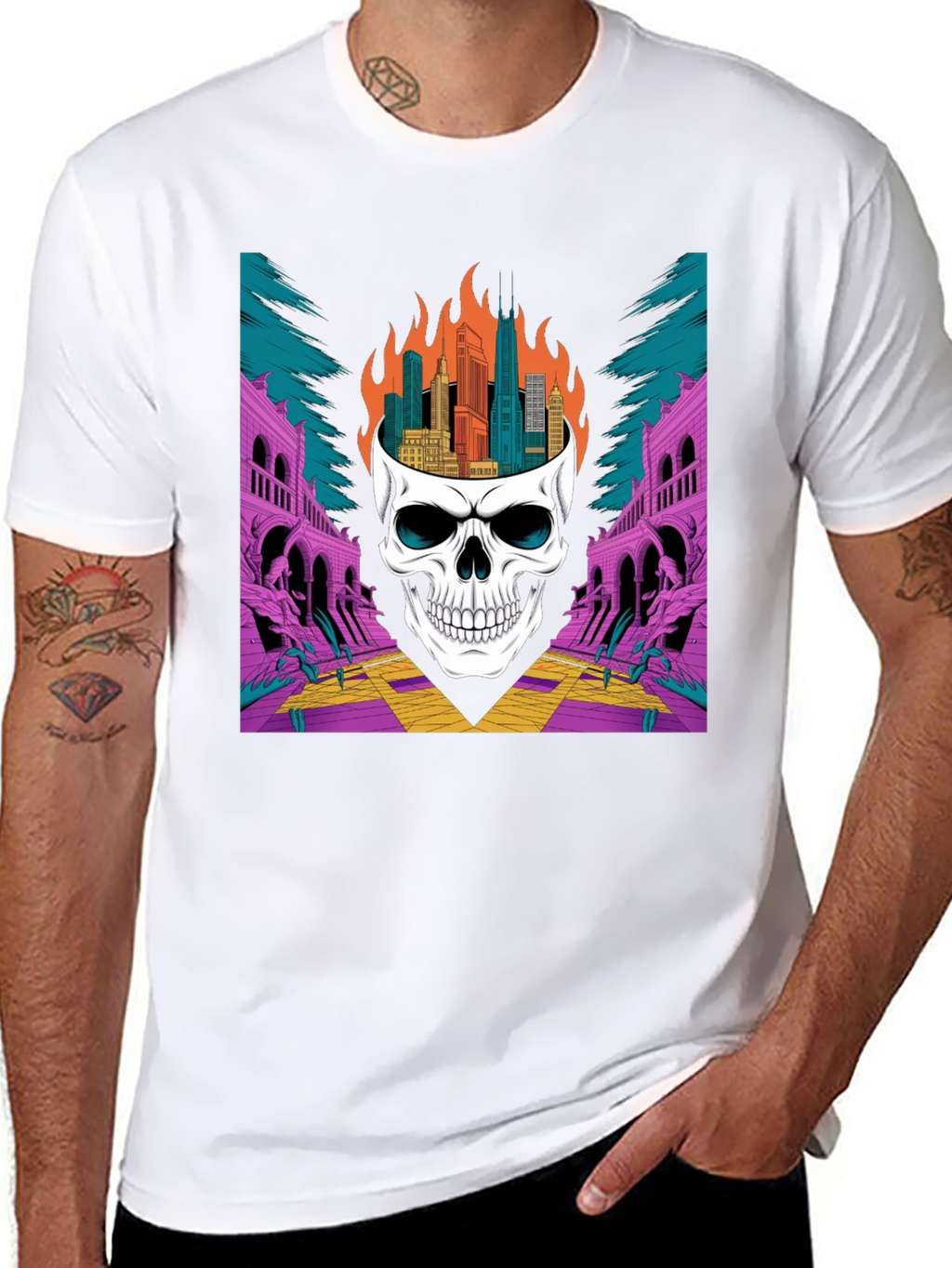 Skull Cityscape Graphic Tee - Edgy Streetwear