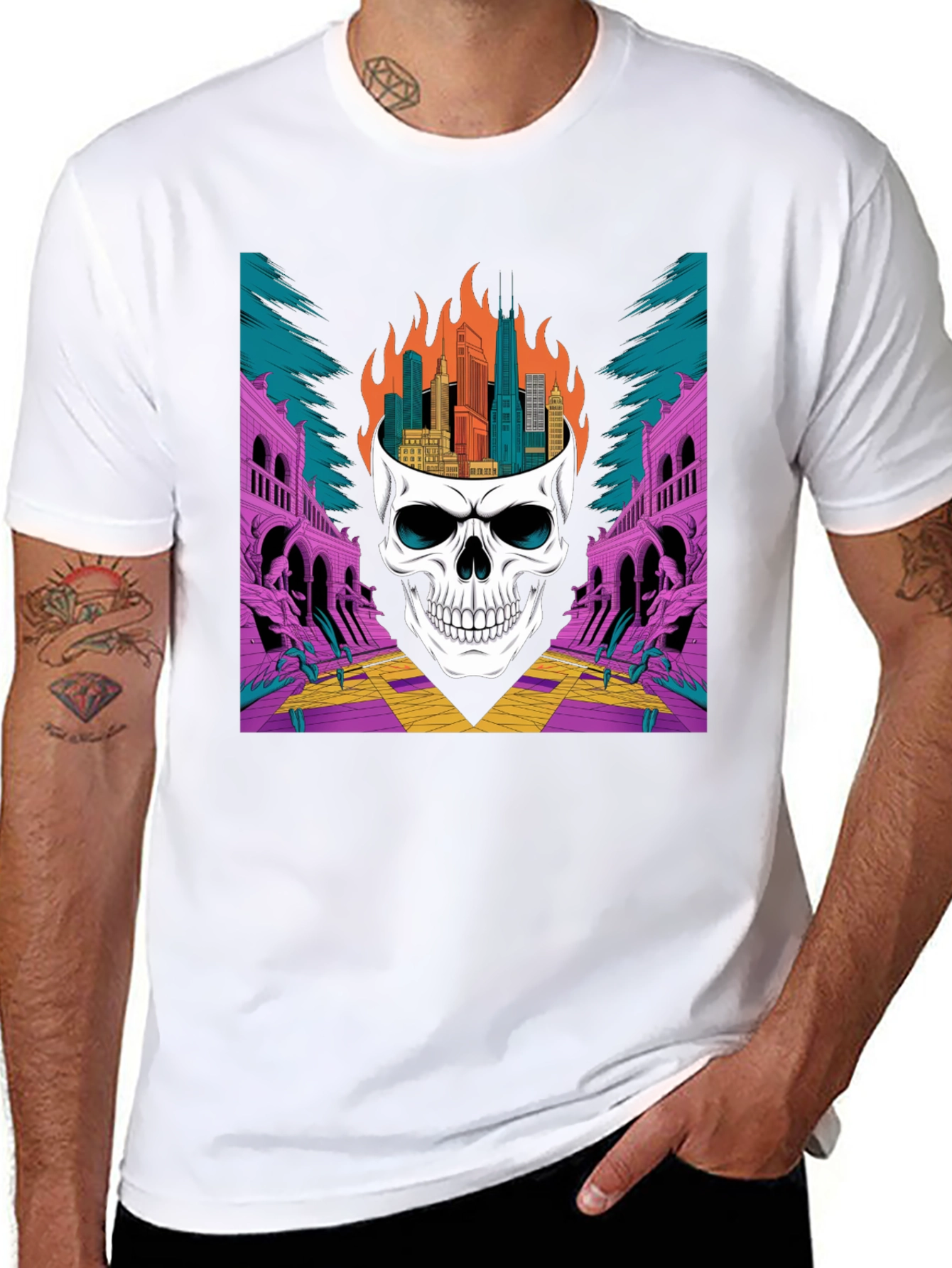 Skull Cityscape Graphic Tee - Edgy Streetwear