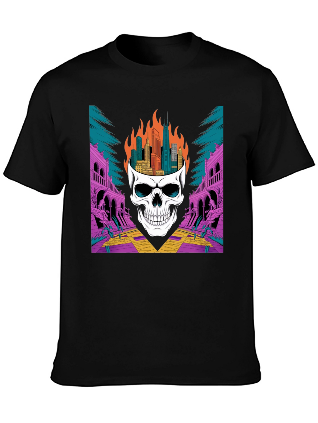 Skull Cityscape Graphic Tee - Edgy Streetwear