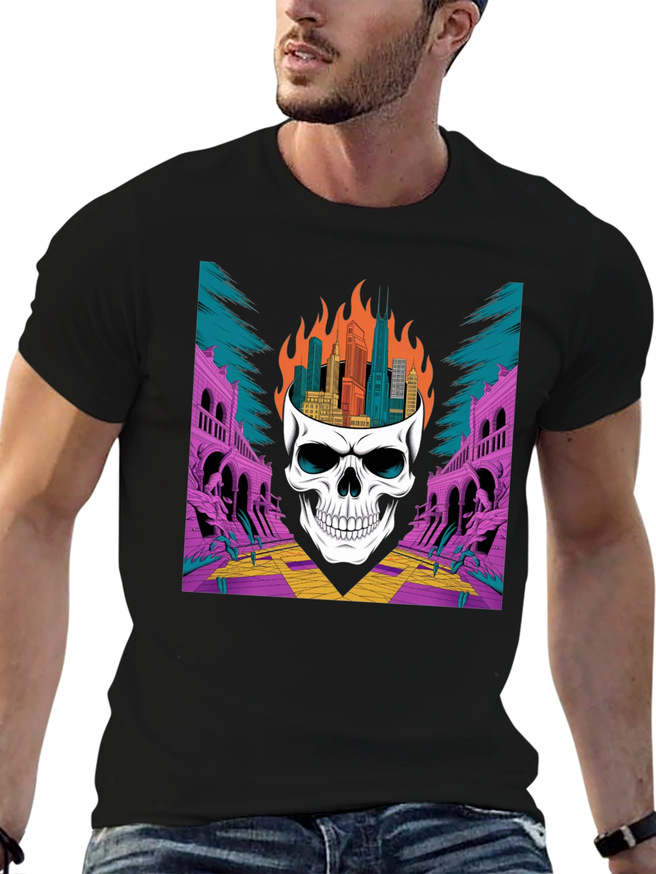Skull Cityscape Graphic Tee - Edgy Streetwear