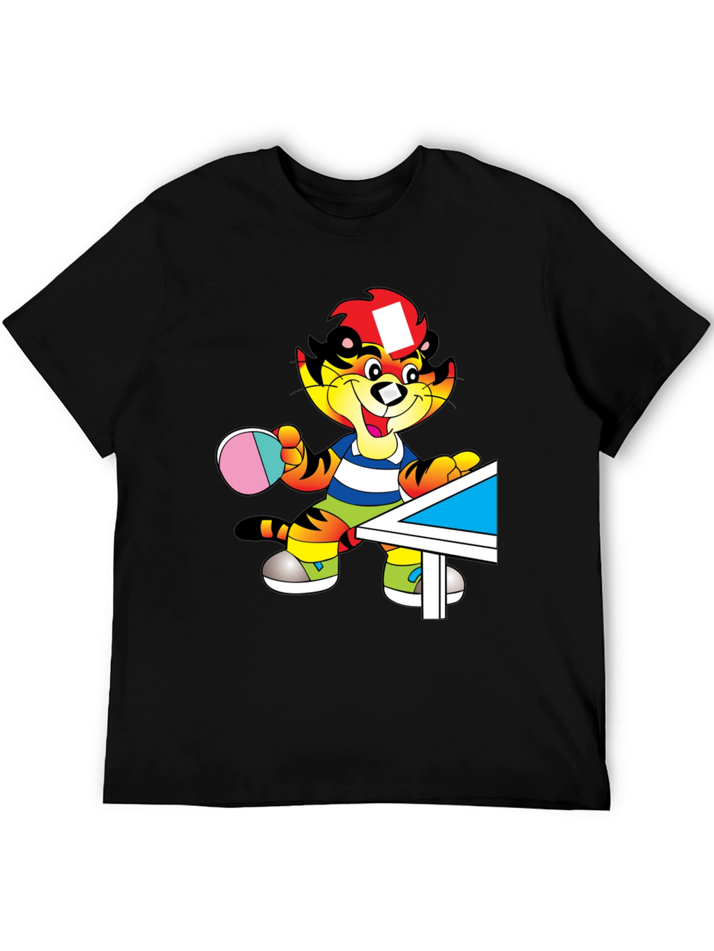 Cartoon Tiger Table Tennis Black T-Shirt