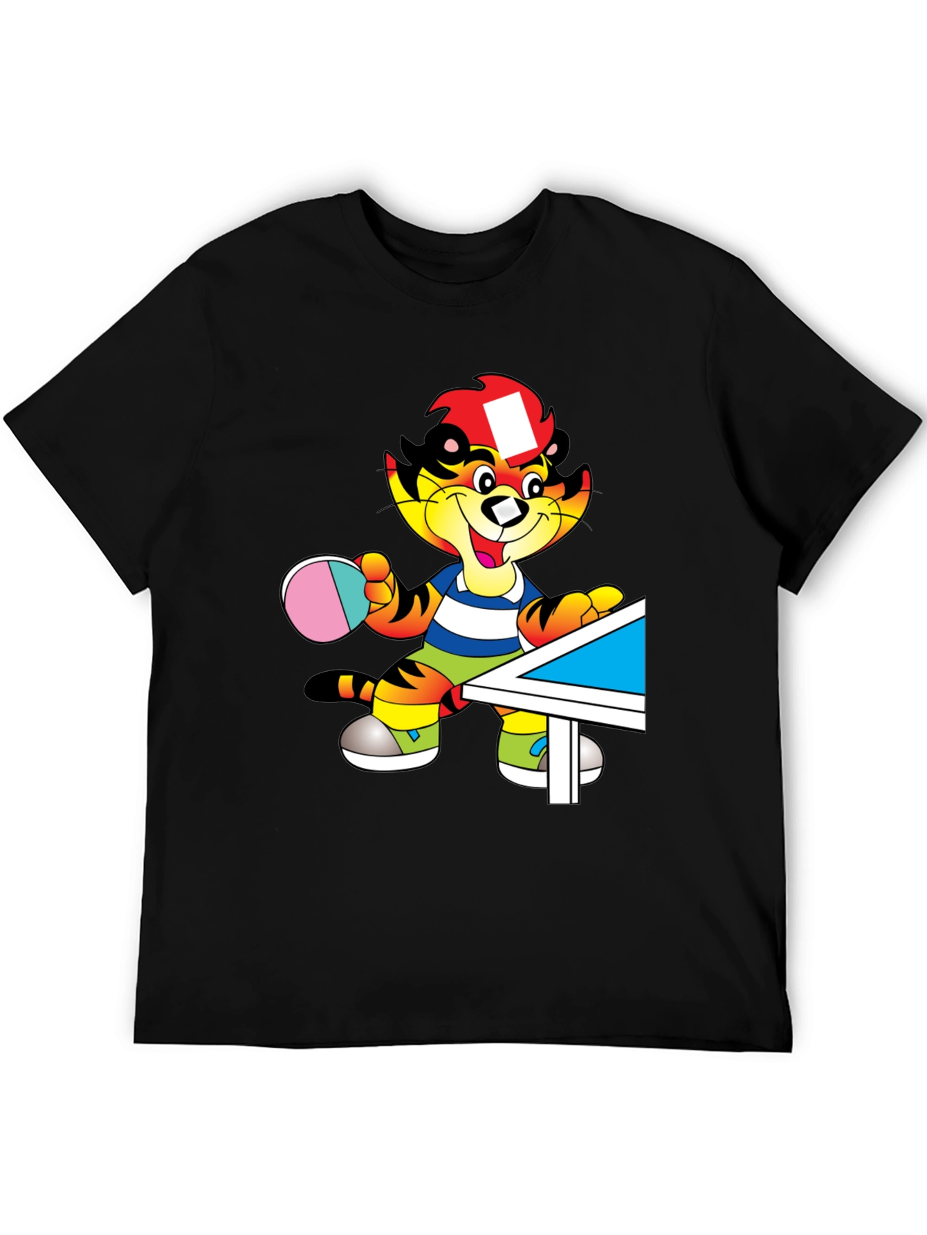 Cartoon Tiger Table Tennis Black T-Shirt