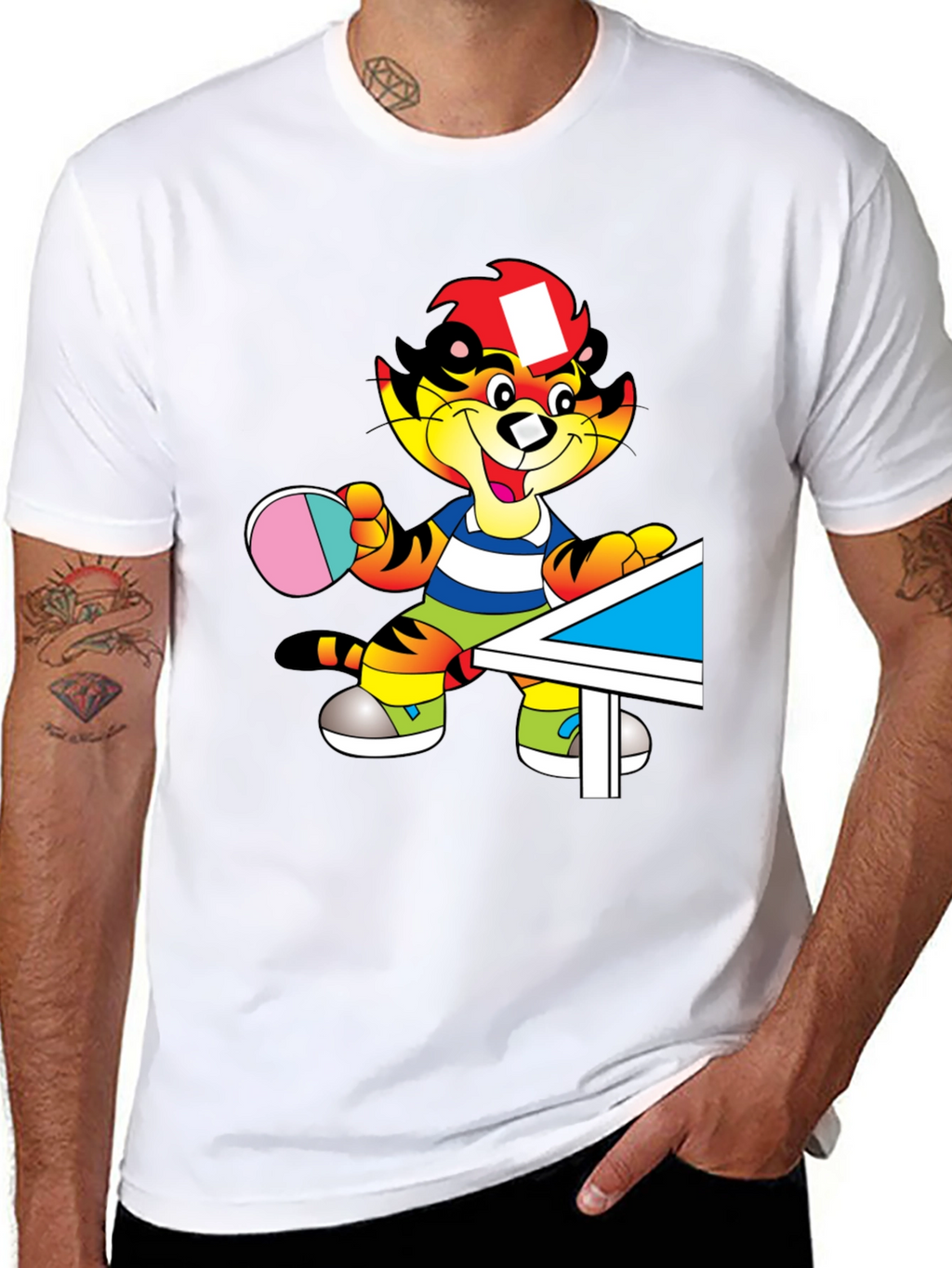 Cartoon Tiger Table Tennis Black T-Shirt
