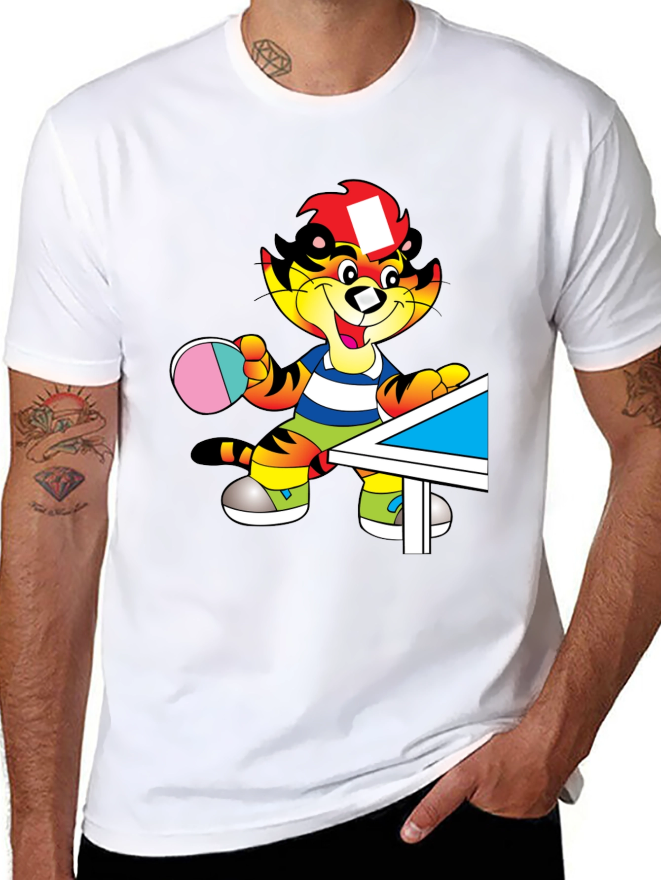Cartoon Tiger Table Tennis Black T-Shirt