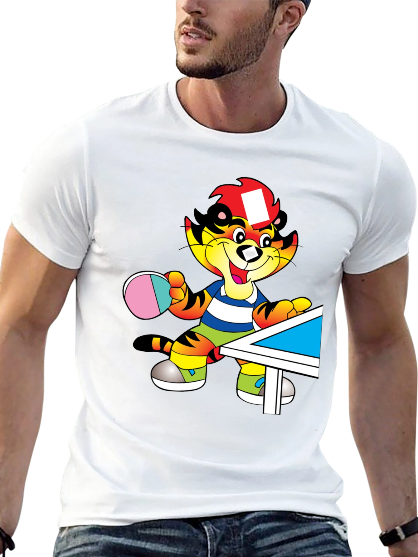 Cartoon Tiger Table Tennis Black T-Shirt