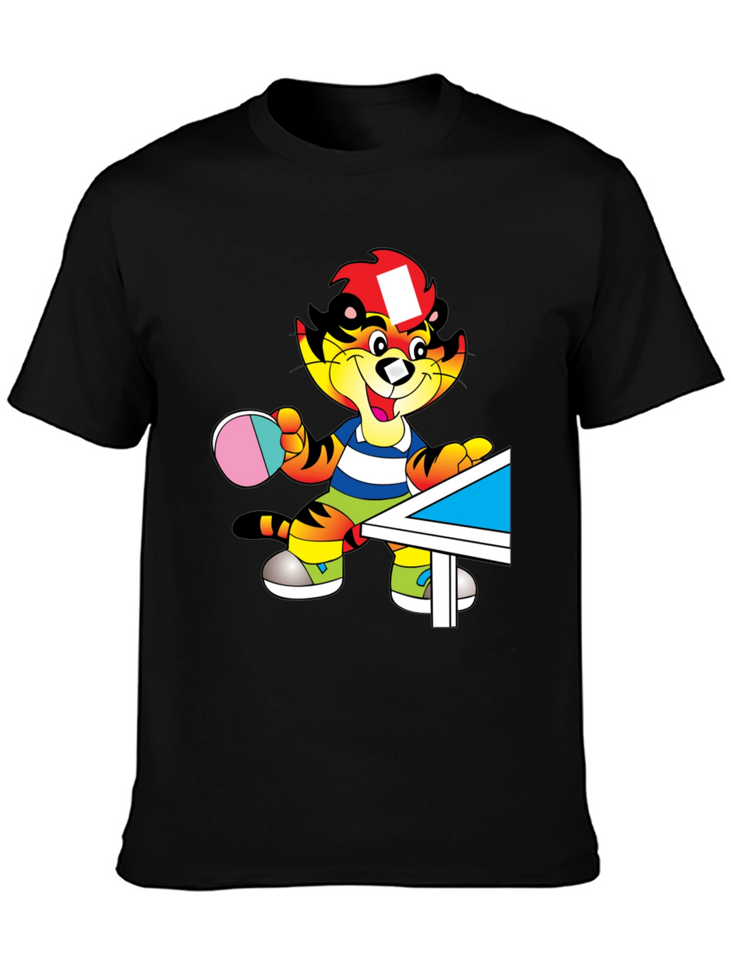 Cartoon Tiger Table Tennis Black T-Shirt