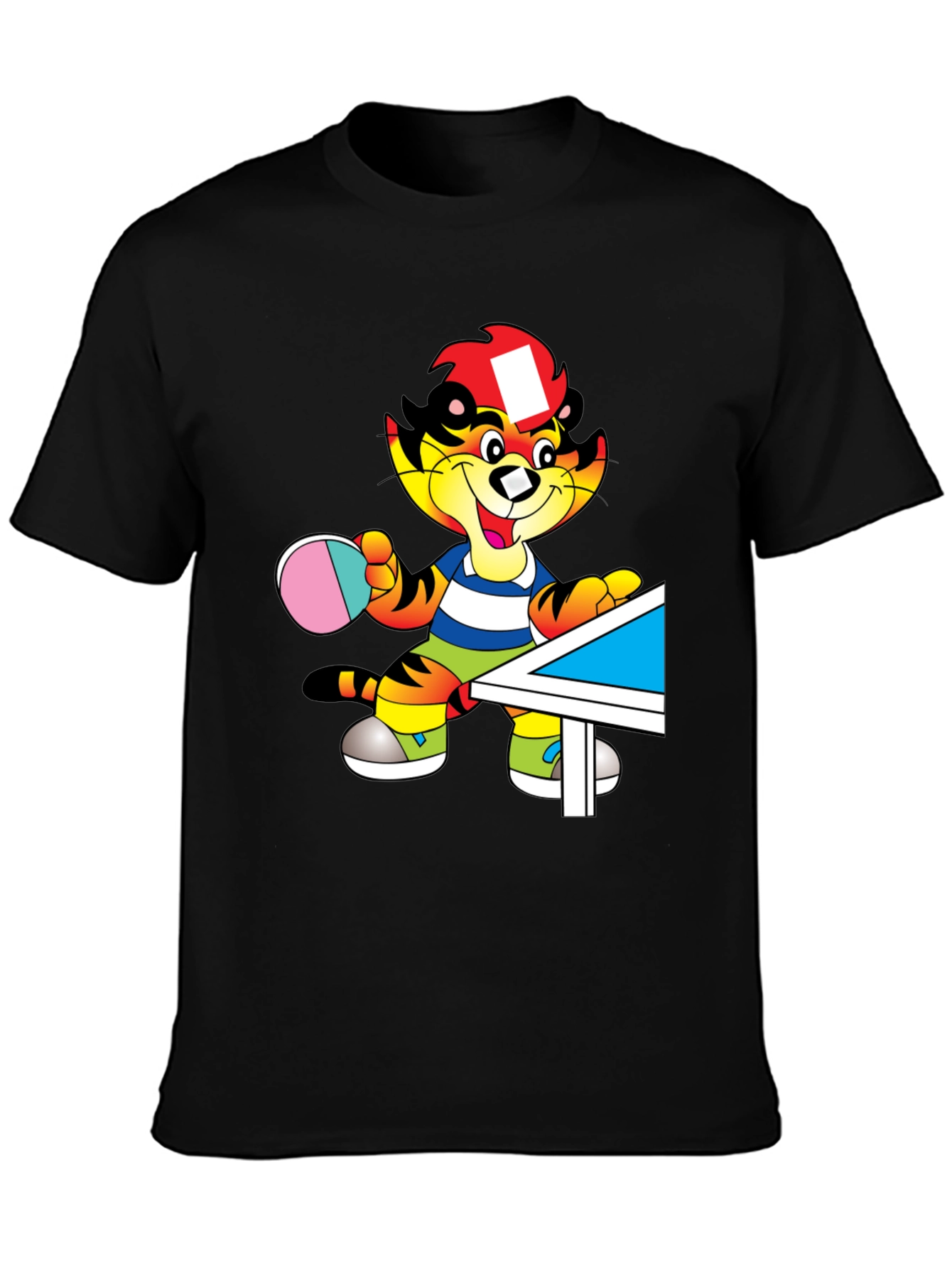 Cartoon Tiger Table Tennis Black T-Shirt