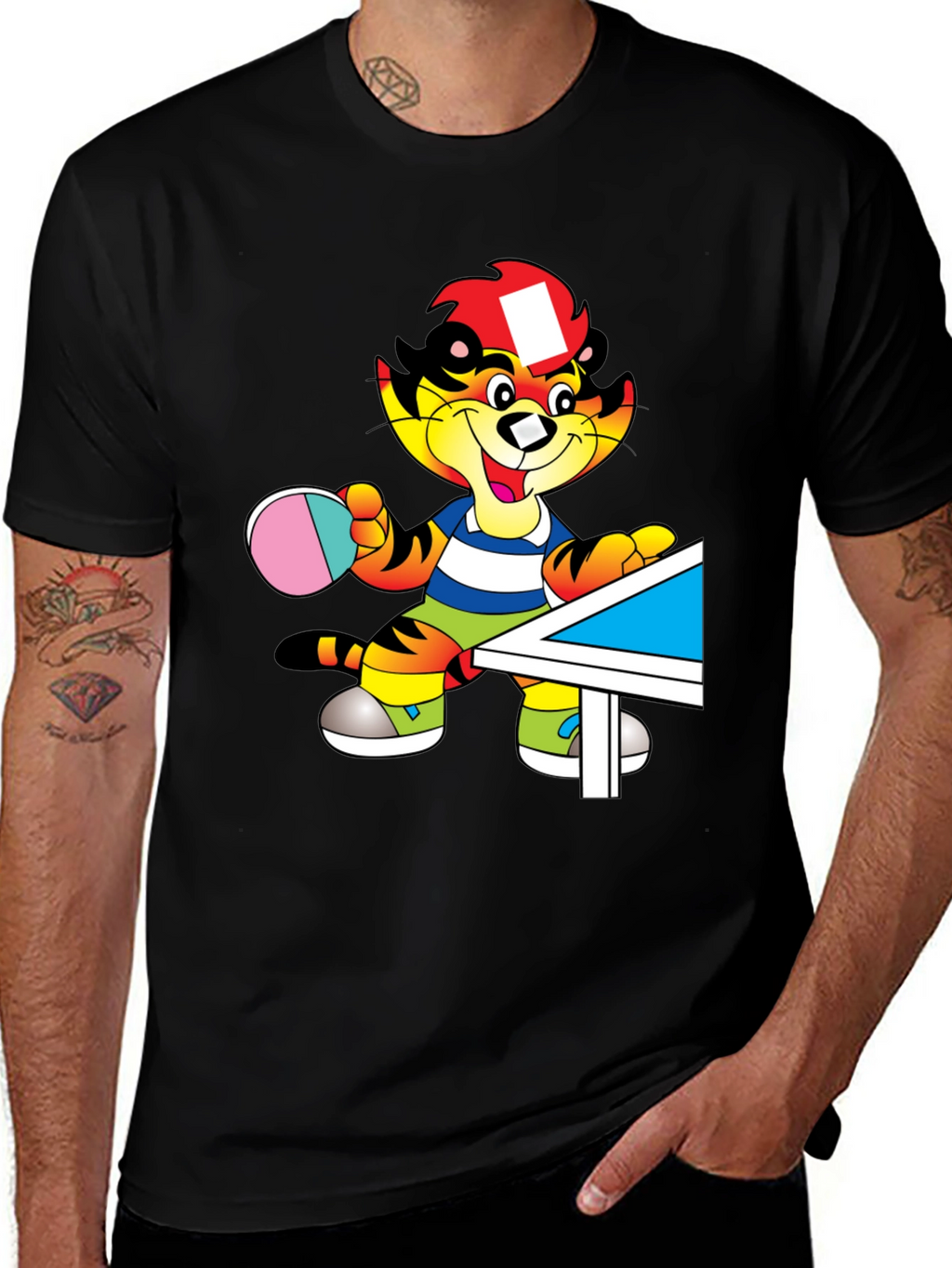 Cartoon Tiger Table Tennis Black T-Shirt