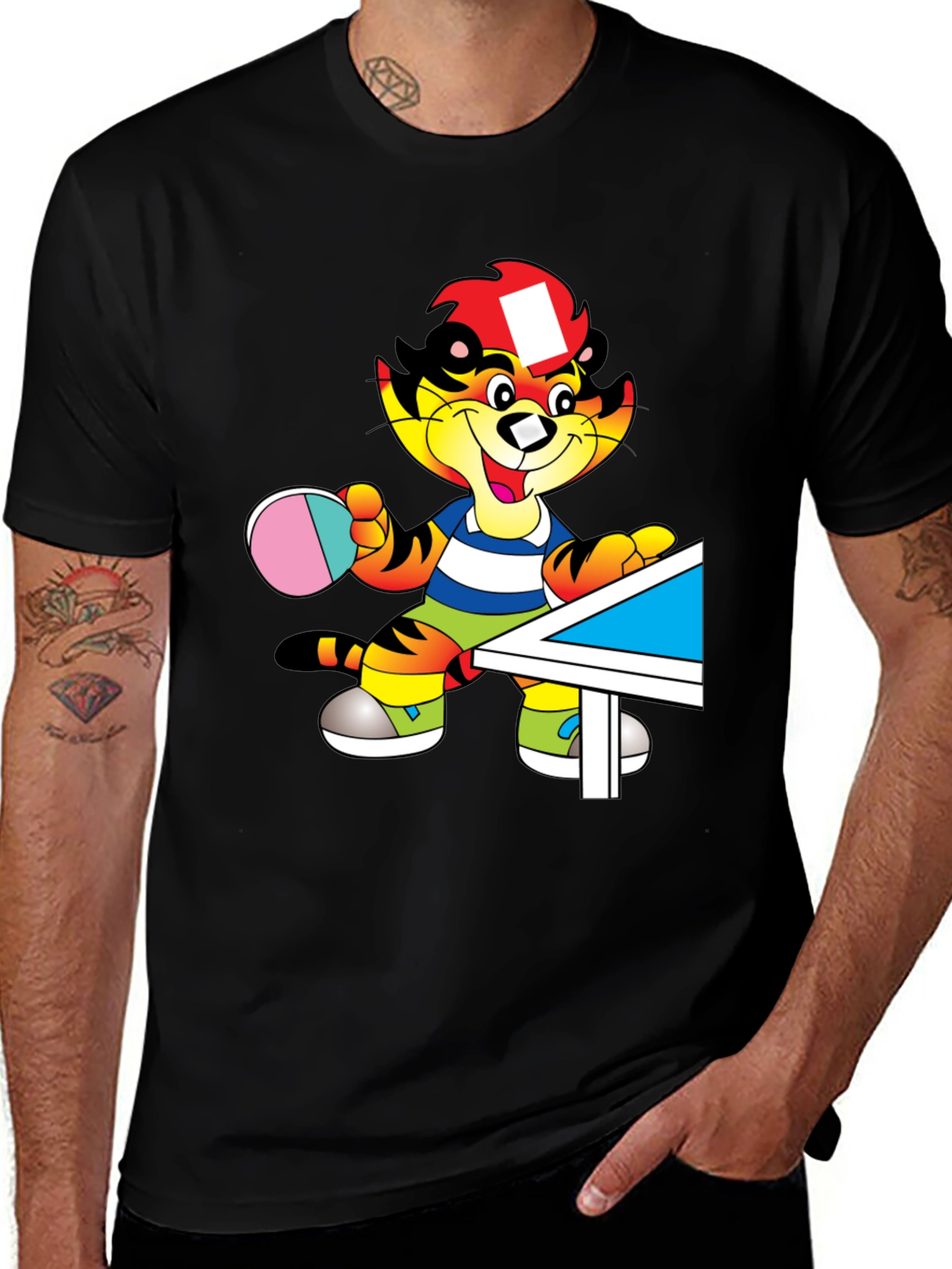 Cartoon Tiger Table Tennis Black T-Shirt
