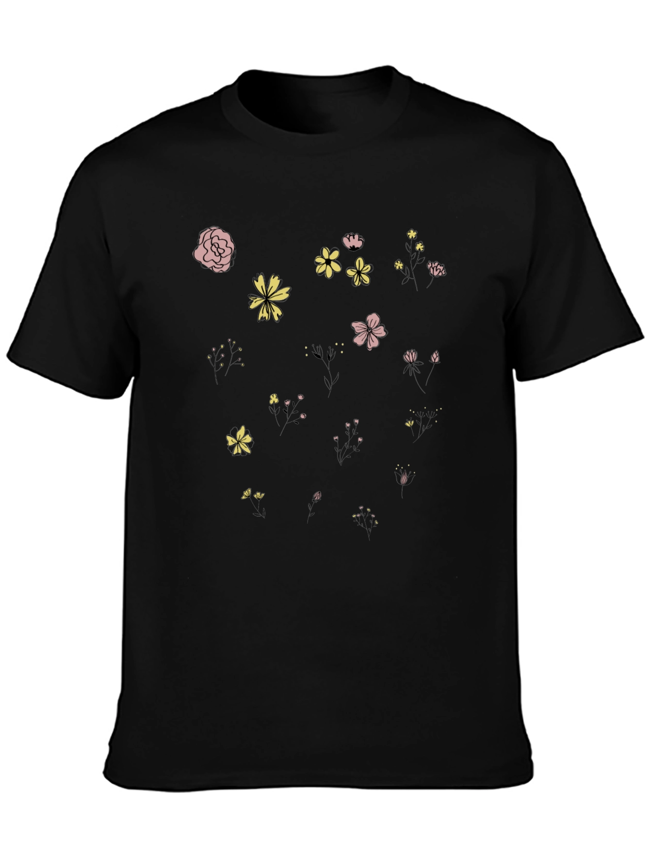 Floral Print Black Crew Neck T-Shirt