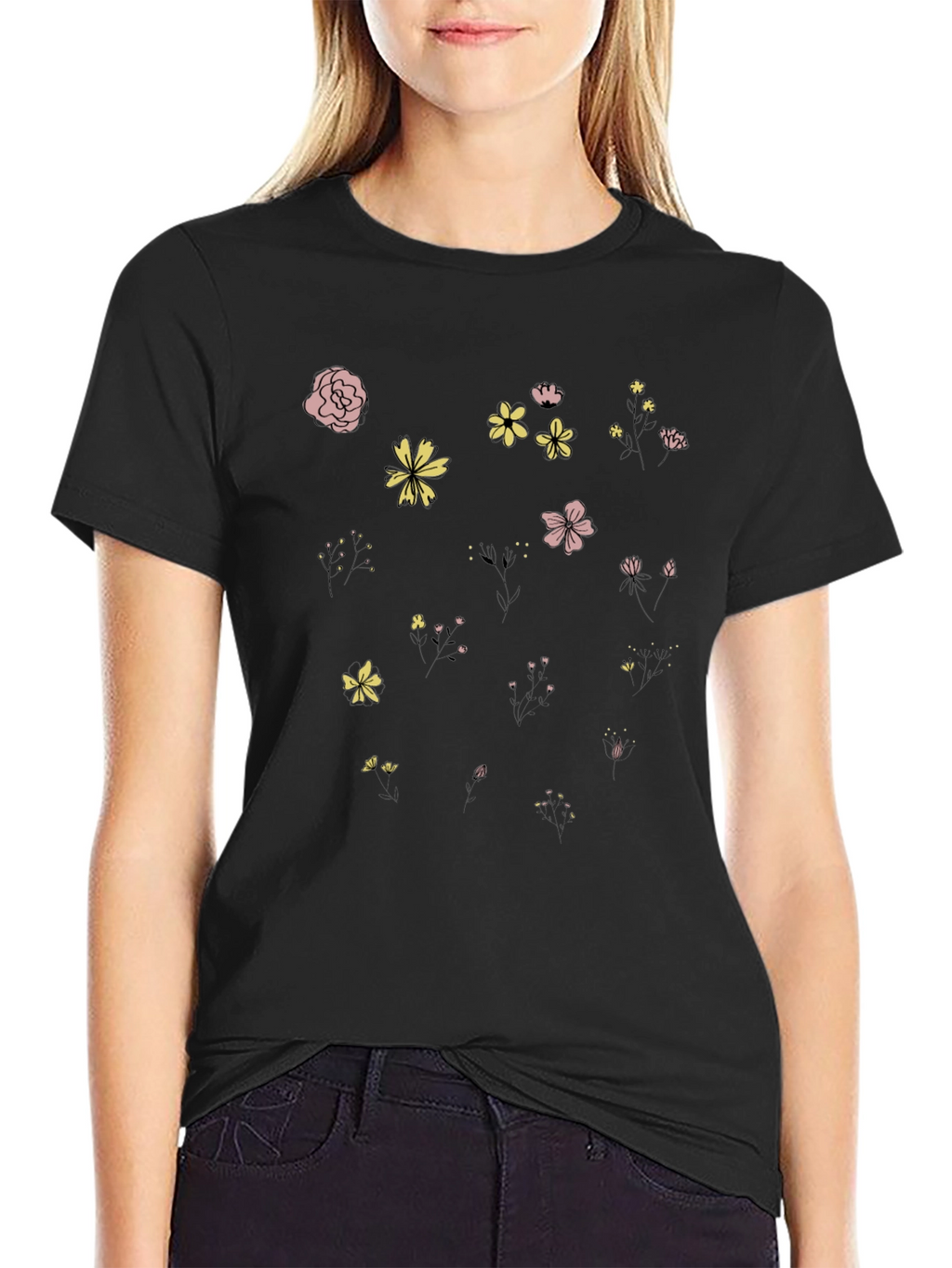 Floral Print Black Crew Neck T-Shirt