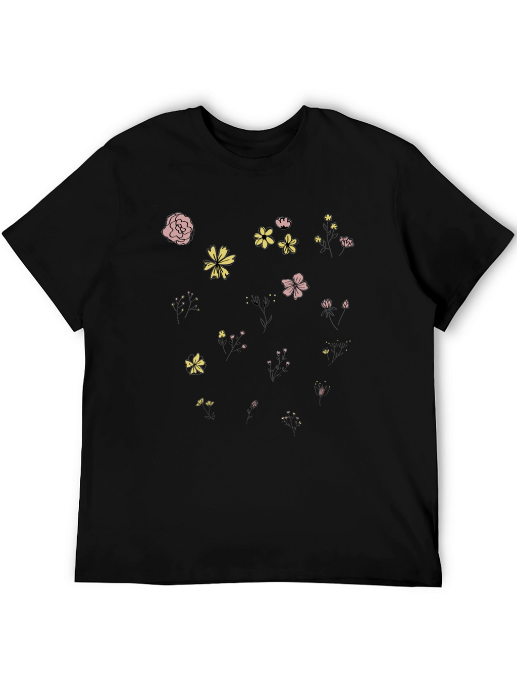 Floral Print Black Crew Neck T-Shirt