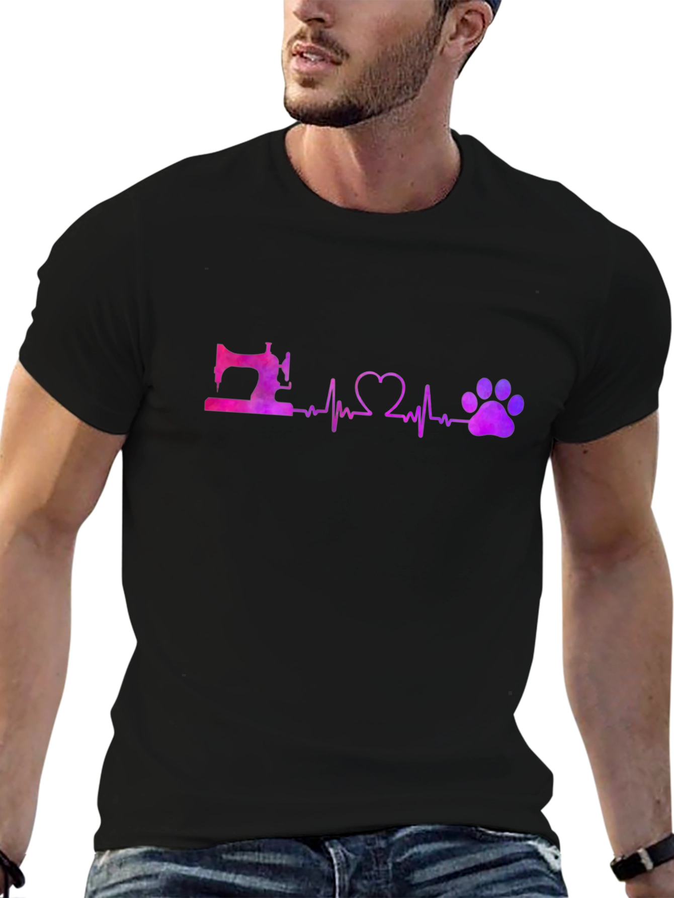 Sewing Heart and Paw Print Black T-Shirt