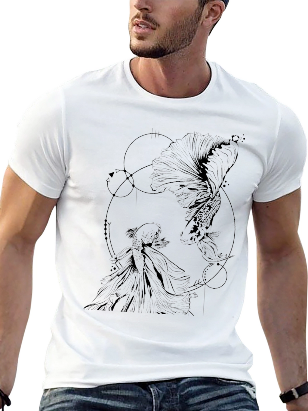 Geometric Fish Graphic Tee - Black Cotton
