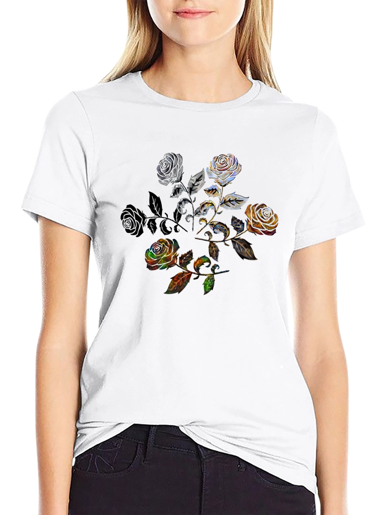 Floral Rose Graphic Black Tee
