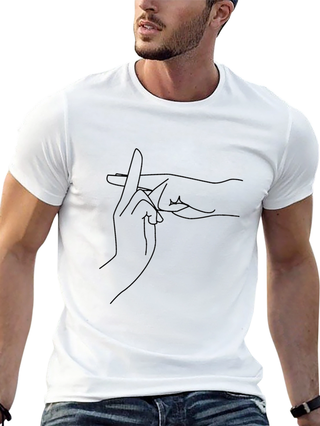 Black T-Shirt with Unique Hand Gesture Line Art