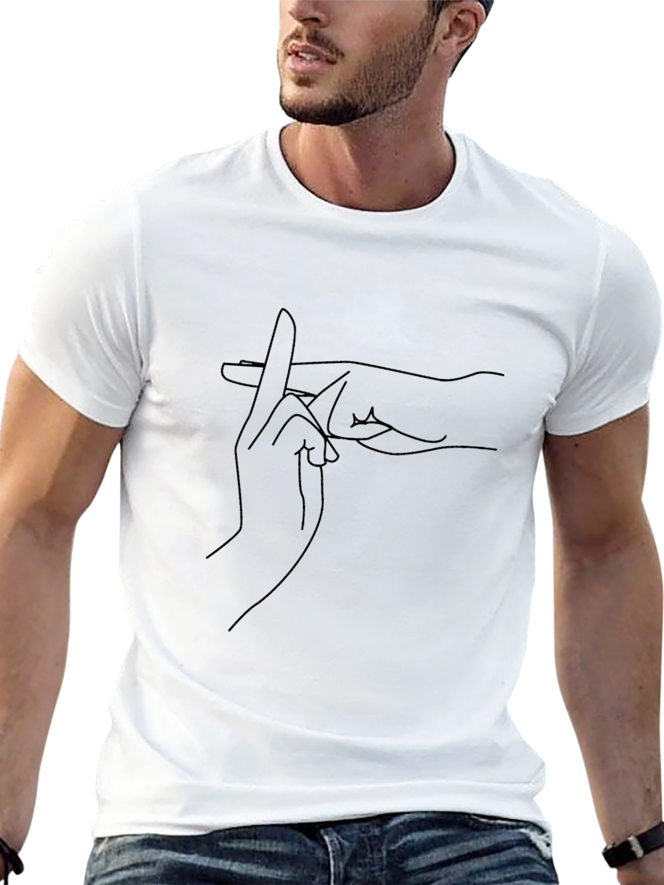 Black T-Shirt with Unique Hand Gesture Line Art