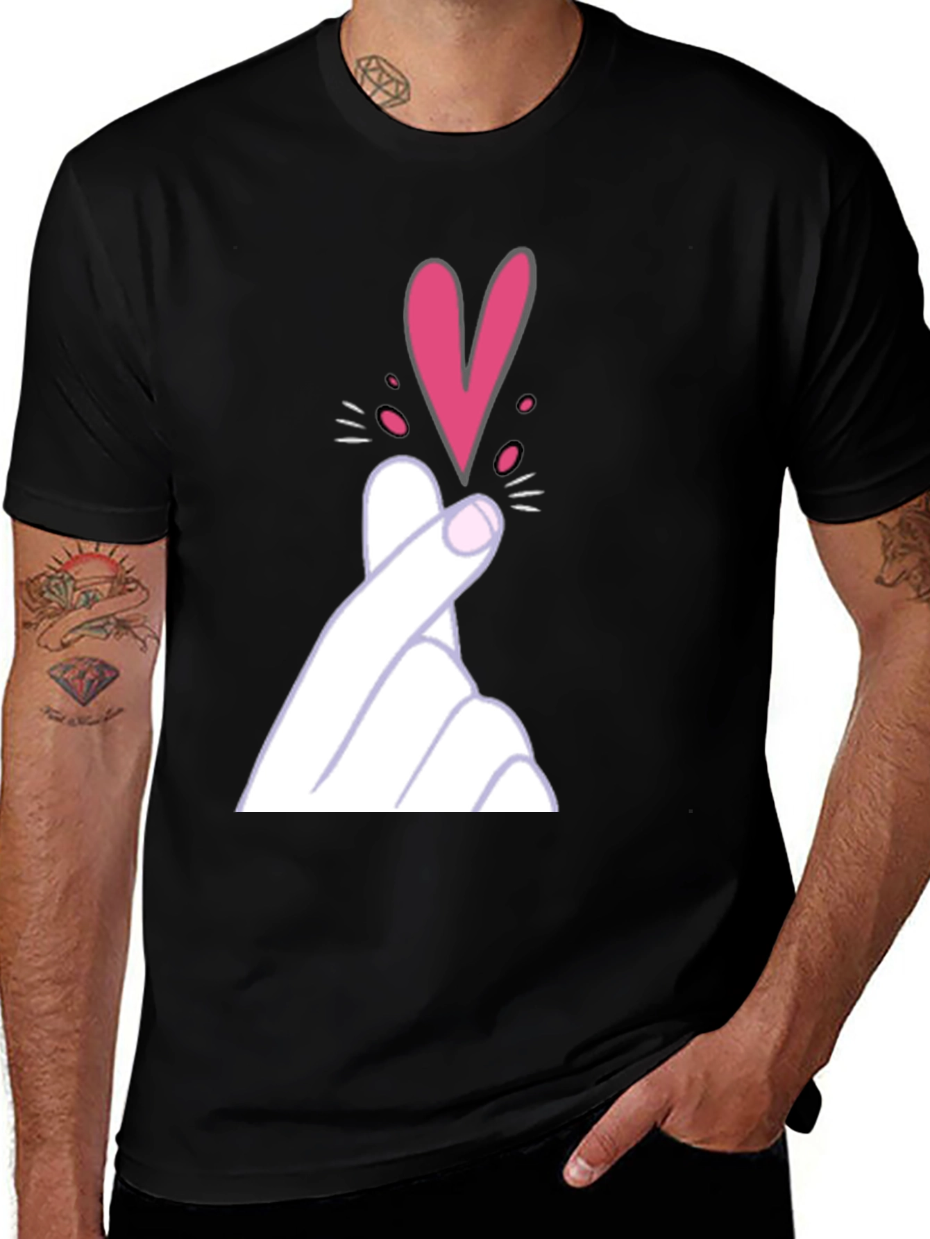 Finger Heart Gesture Graphic Tee - Trendy Casual Top