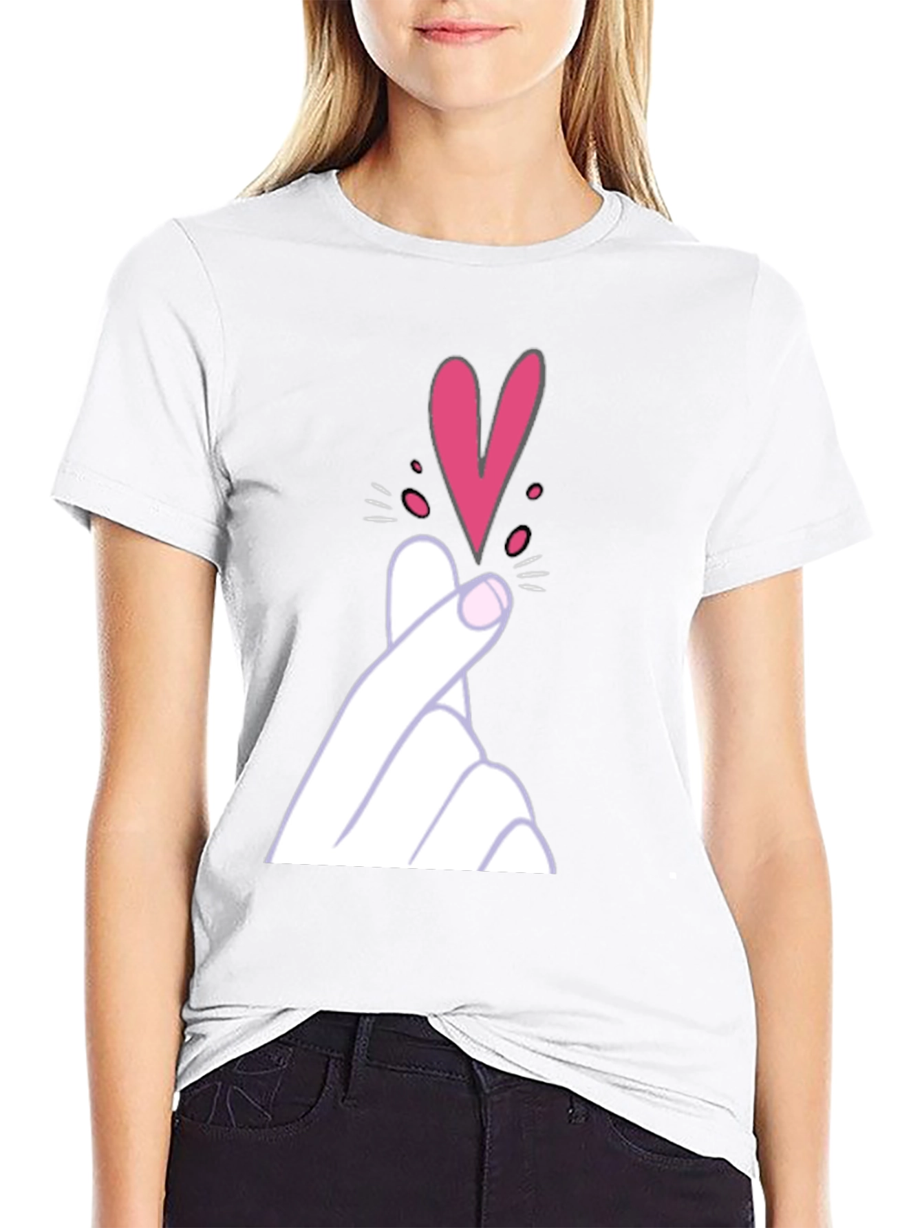 Finger Heart Gesture Graphic Tee - Trendy Casual Top