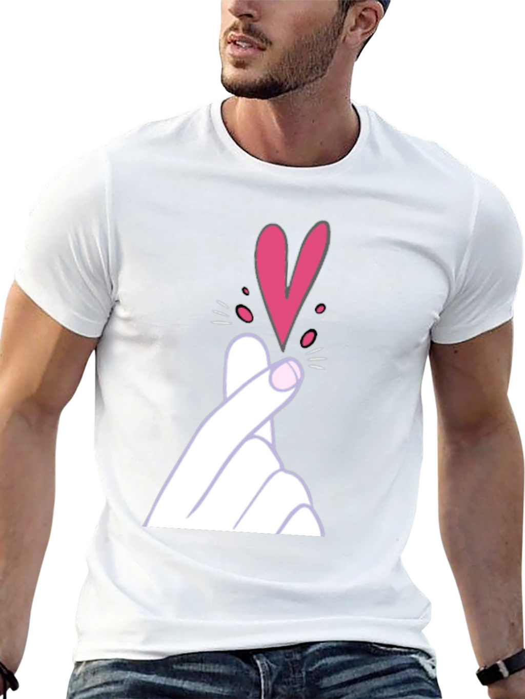 Finger Heart Gesture Graphic Tee - Trendy Casual Top
