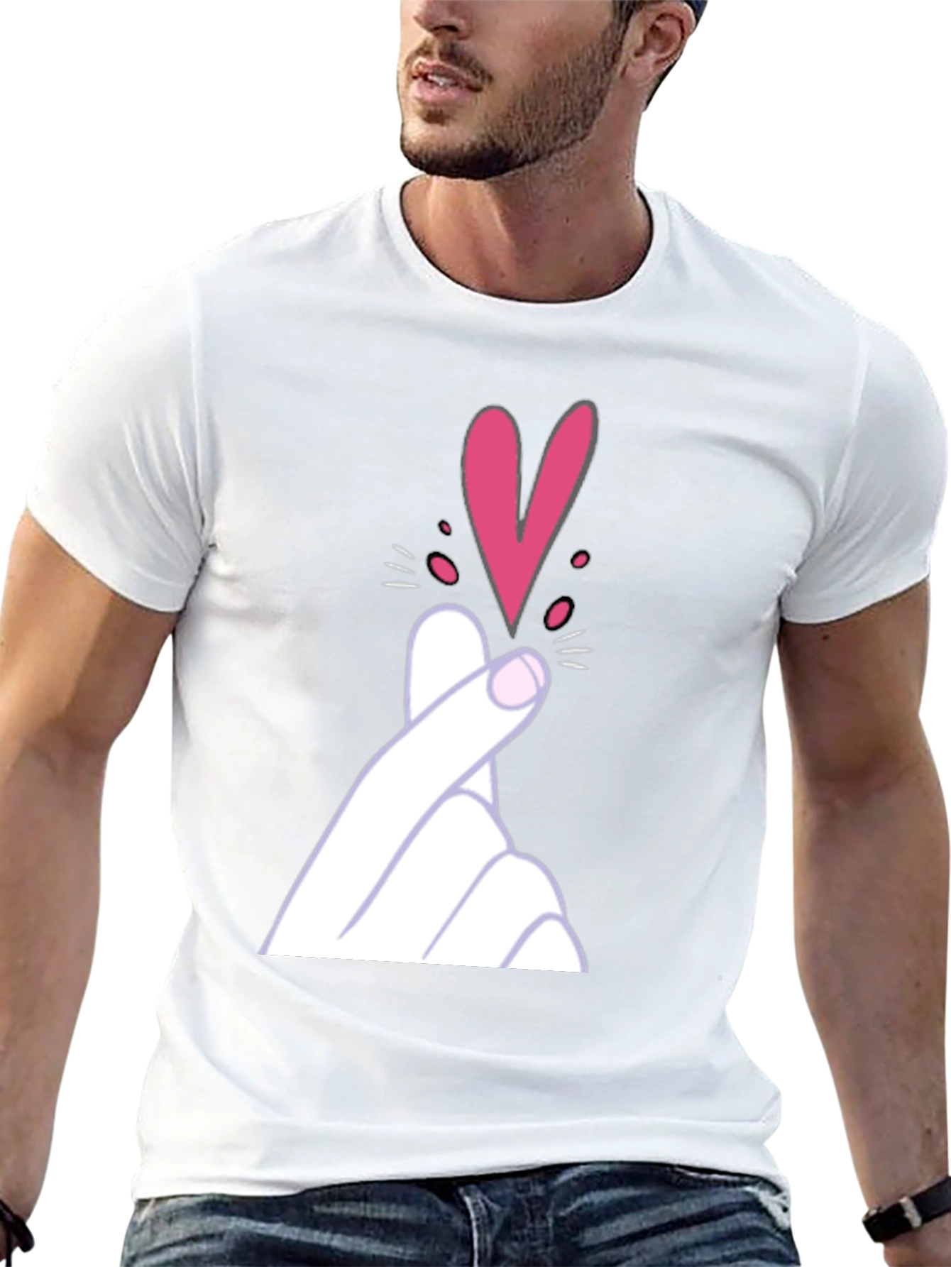 Finger Heart Gesture Graphic Tee - Trendy Casual Top