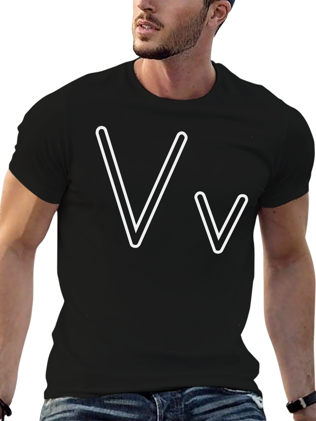 Black T-Shirt with White V Letter Graphic