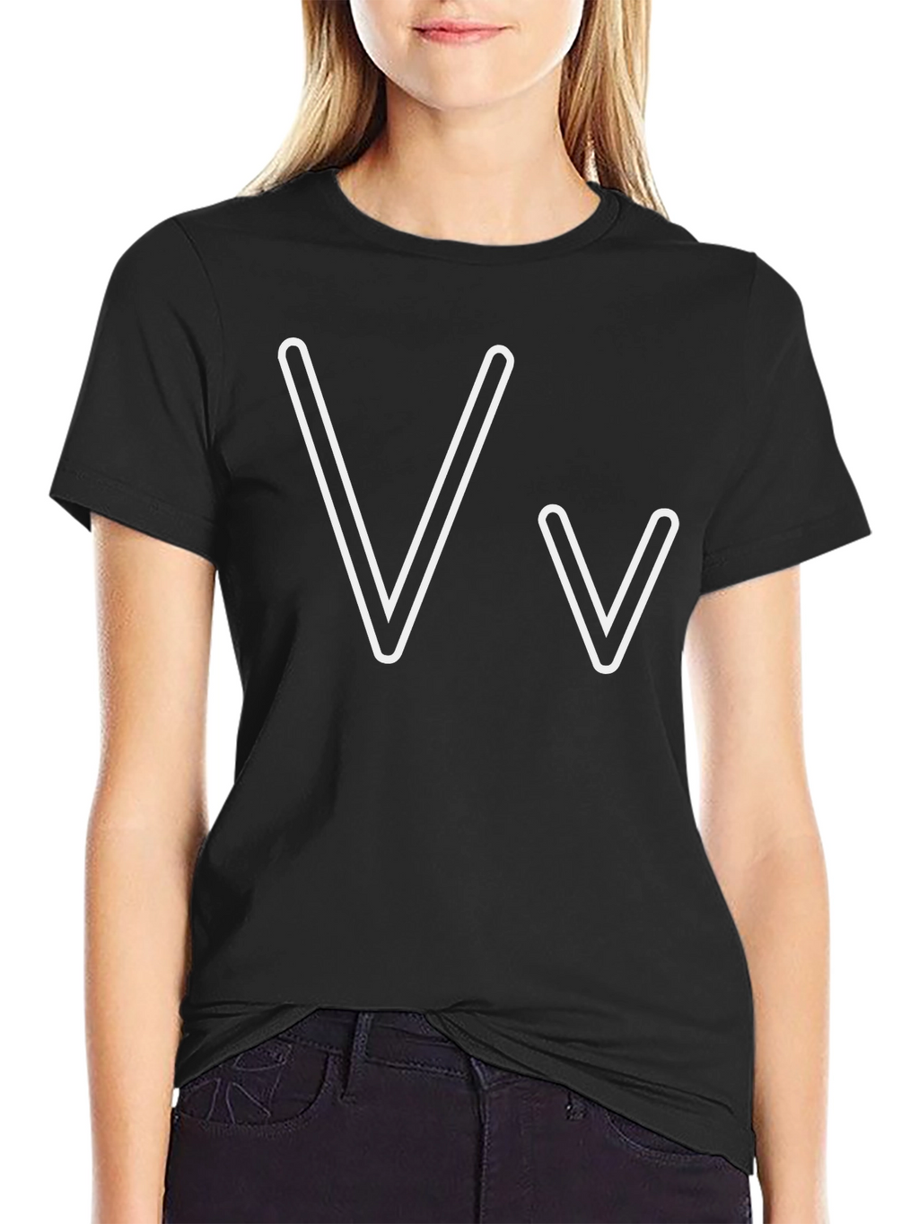Black T-Shirt with White V Letter Graphic