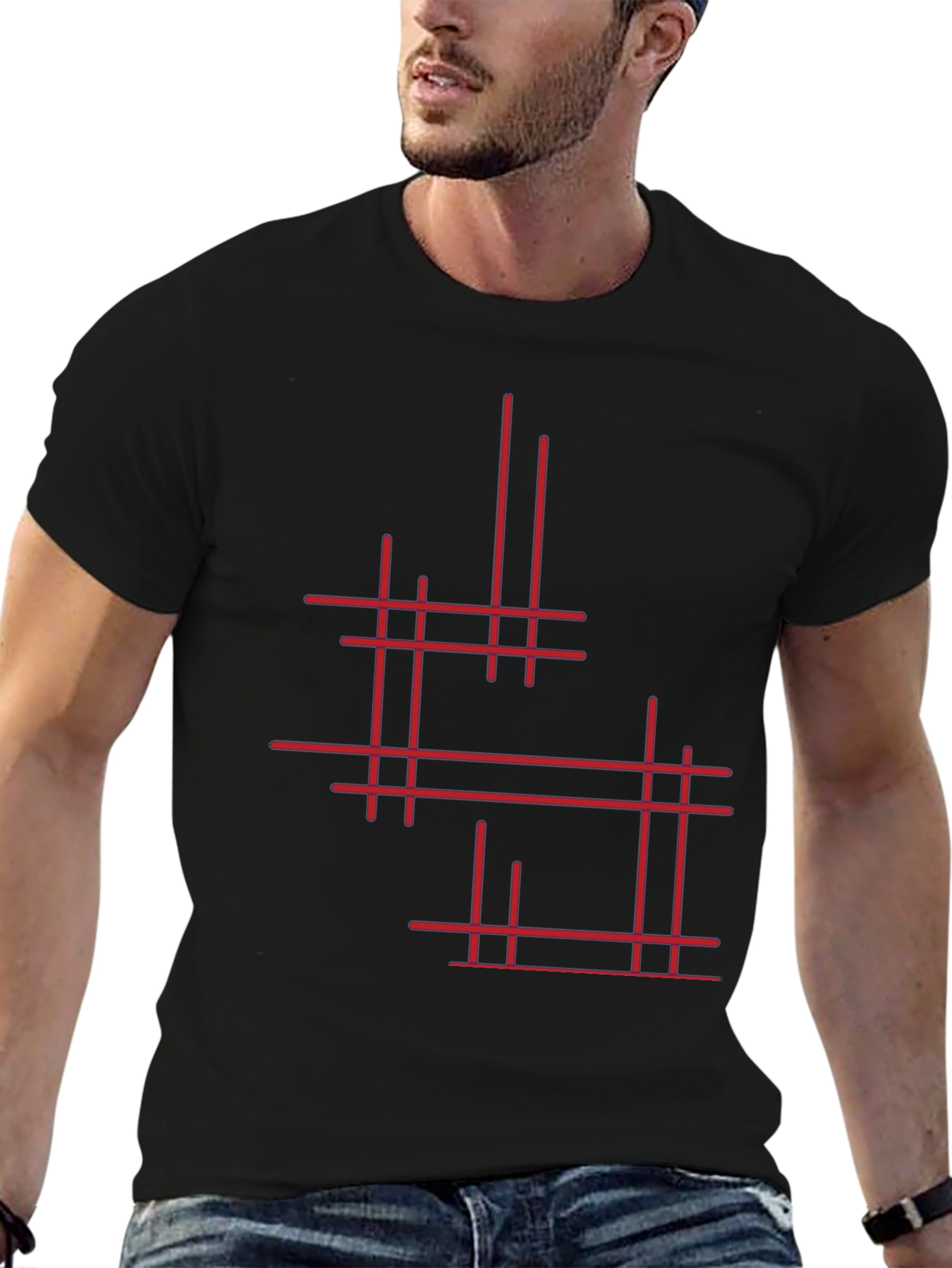 Modern Geometric Line Art Graphic Tee - Black