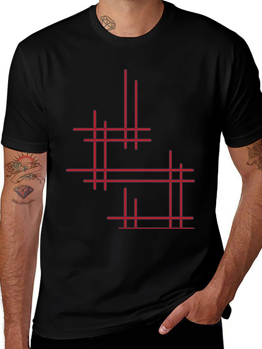 Modern Geometric Line Art Graphic Tee - Black