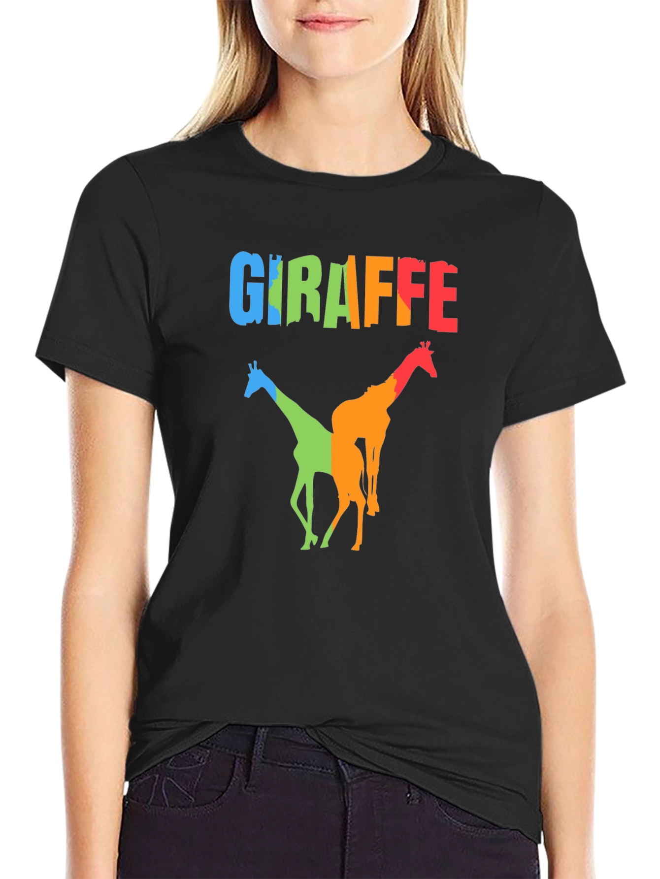 Colorful Giraffe Graphic Print Black T-Shirt