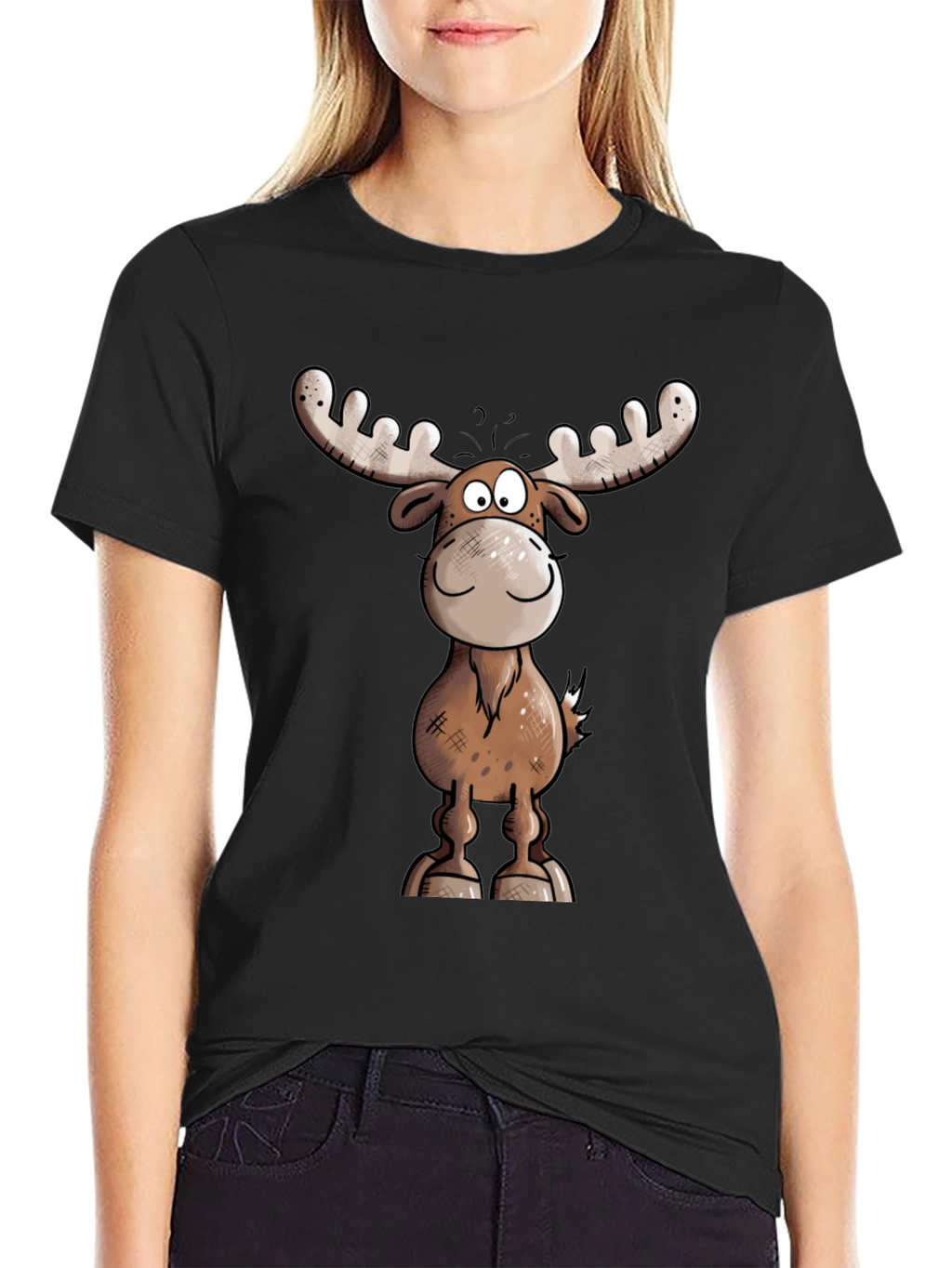 Moose Cartoon Graphic Tee - Black T-Shirt
