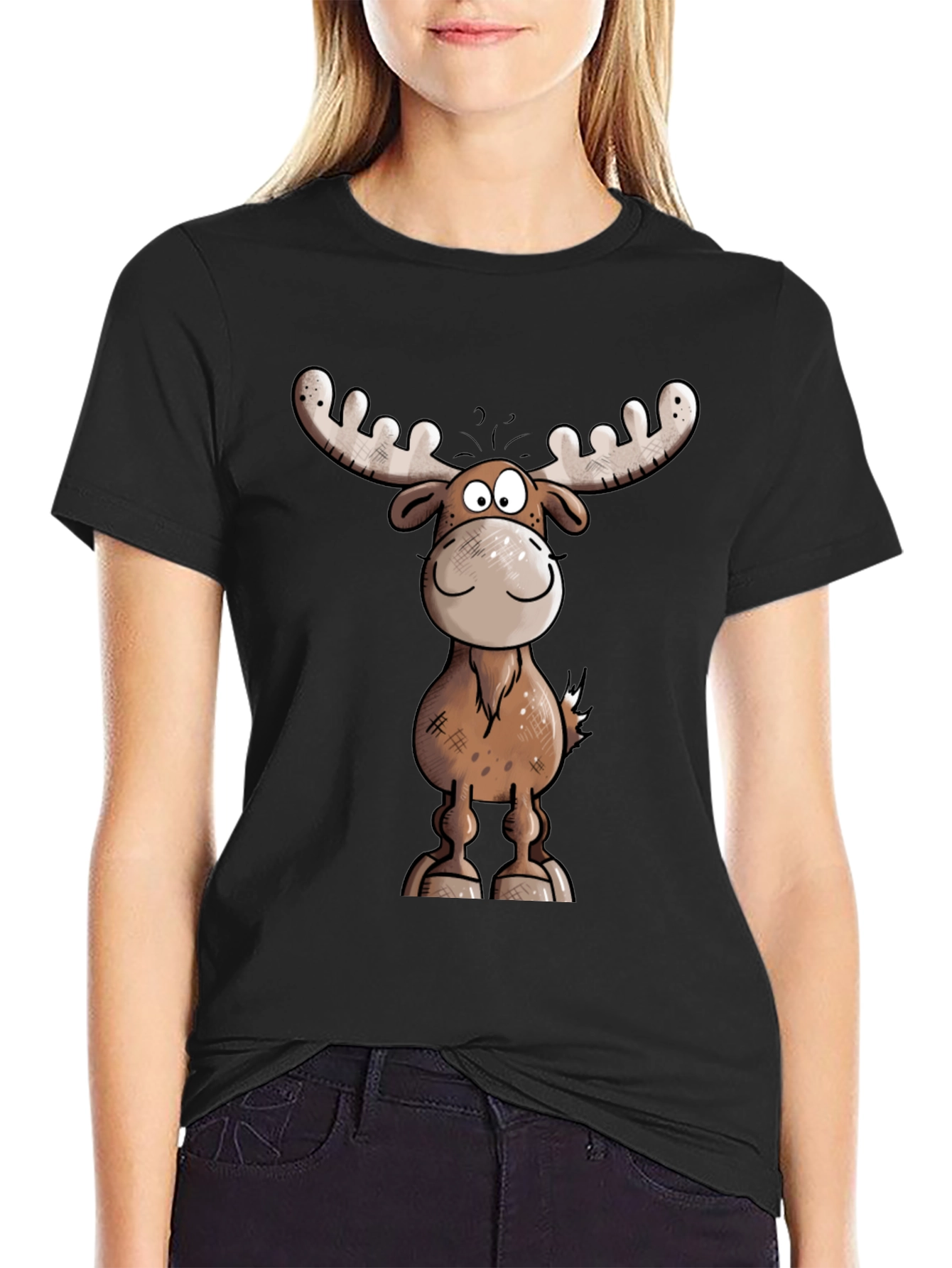 Moose Cartoon Graphic Tee - Black T-Shirt
