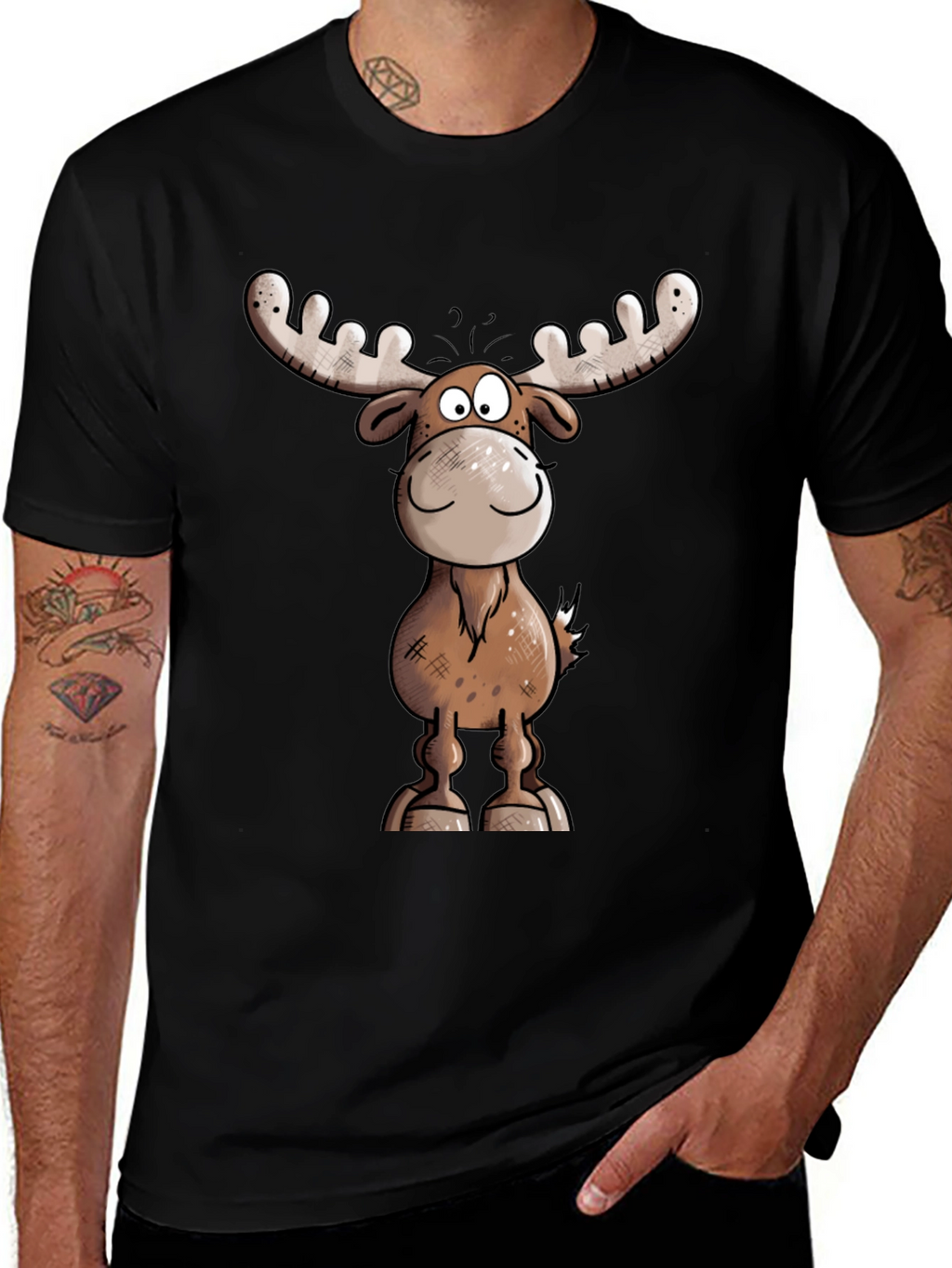 Moose Cartoon Graphic Tee - Black T-Shirt