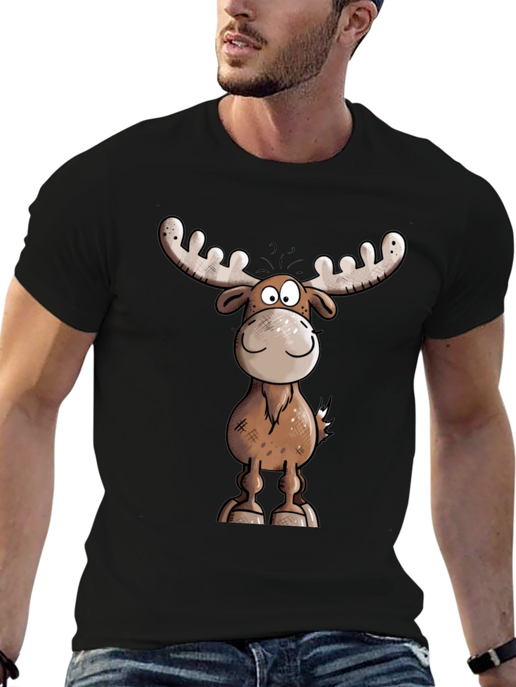 Moose Cartoon Graphic Tee - Black T-Shirt
