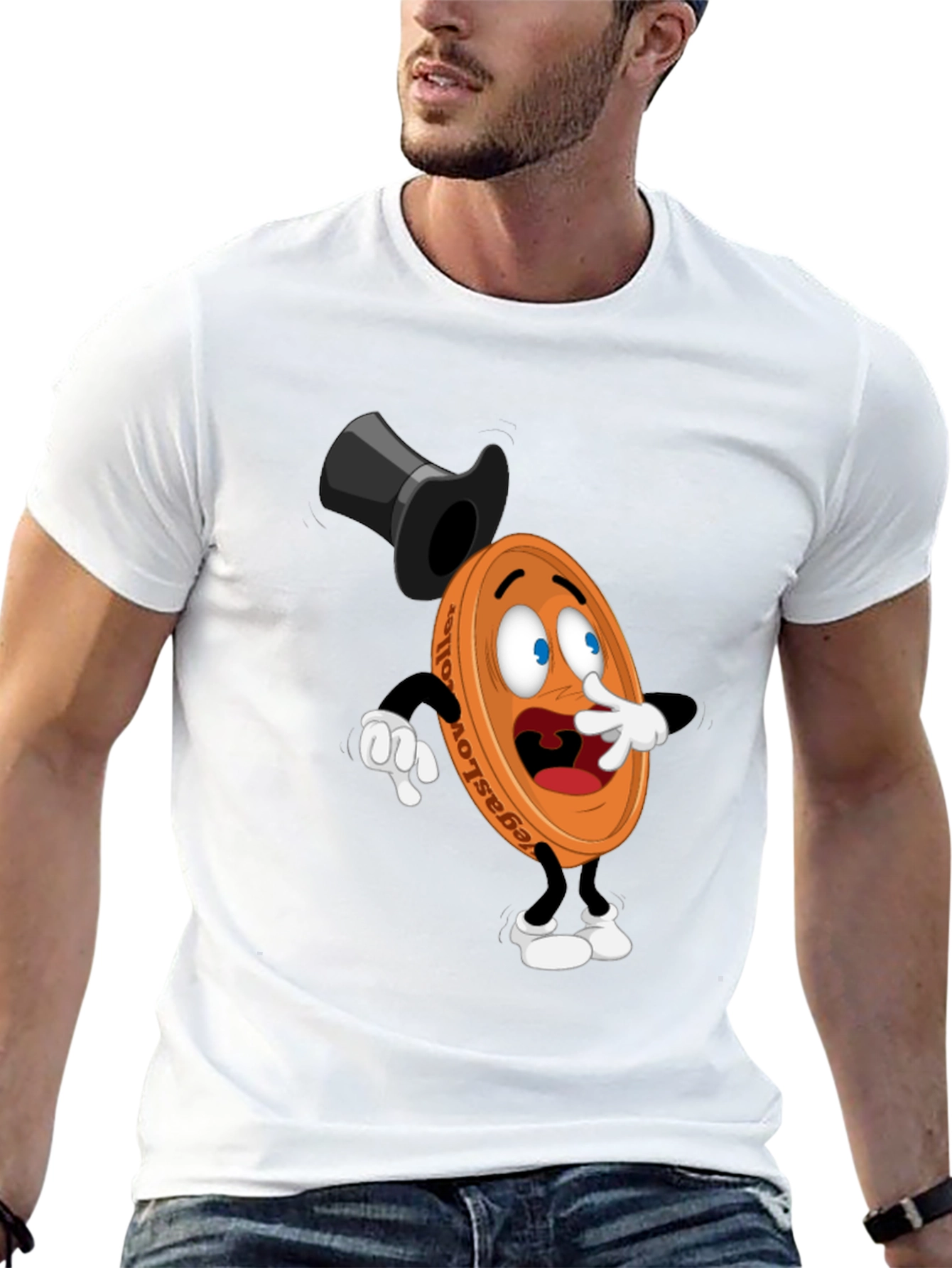 Mens Black T-Shirt with Cartoon Coin Design