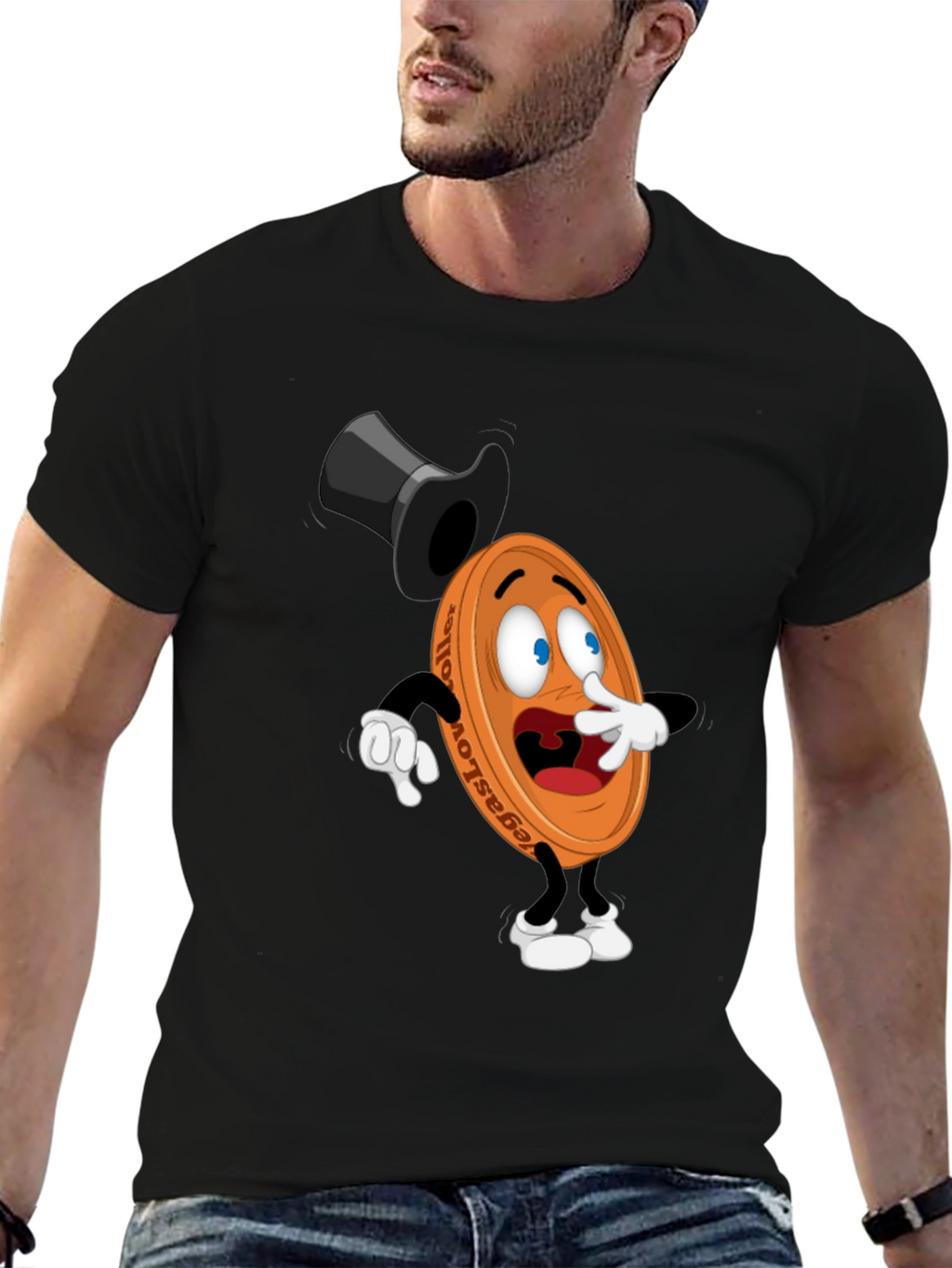 Mens Black T-Shirt with Cartoon Coin Design