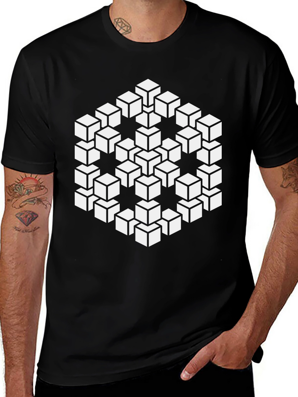 Optical Illusion Cube Black T-Shirt