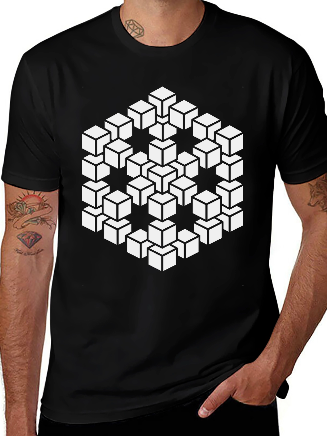 Optical Illusion Cube Black T-Shirt