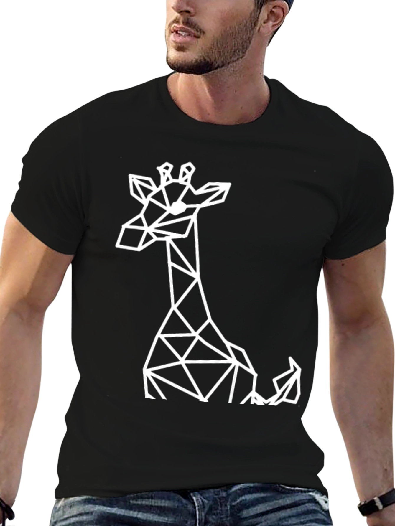 Geometric Giraffe Graphic Tee - Black Cotton T-Shirt