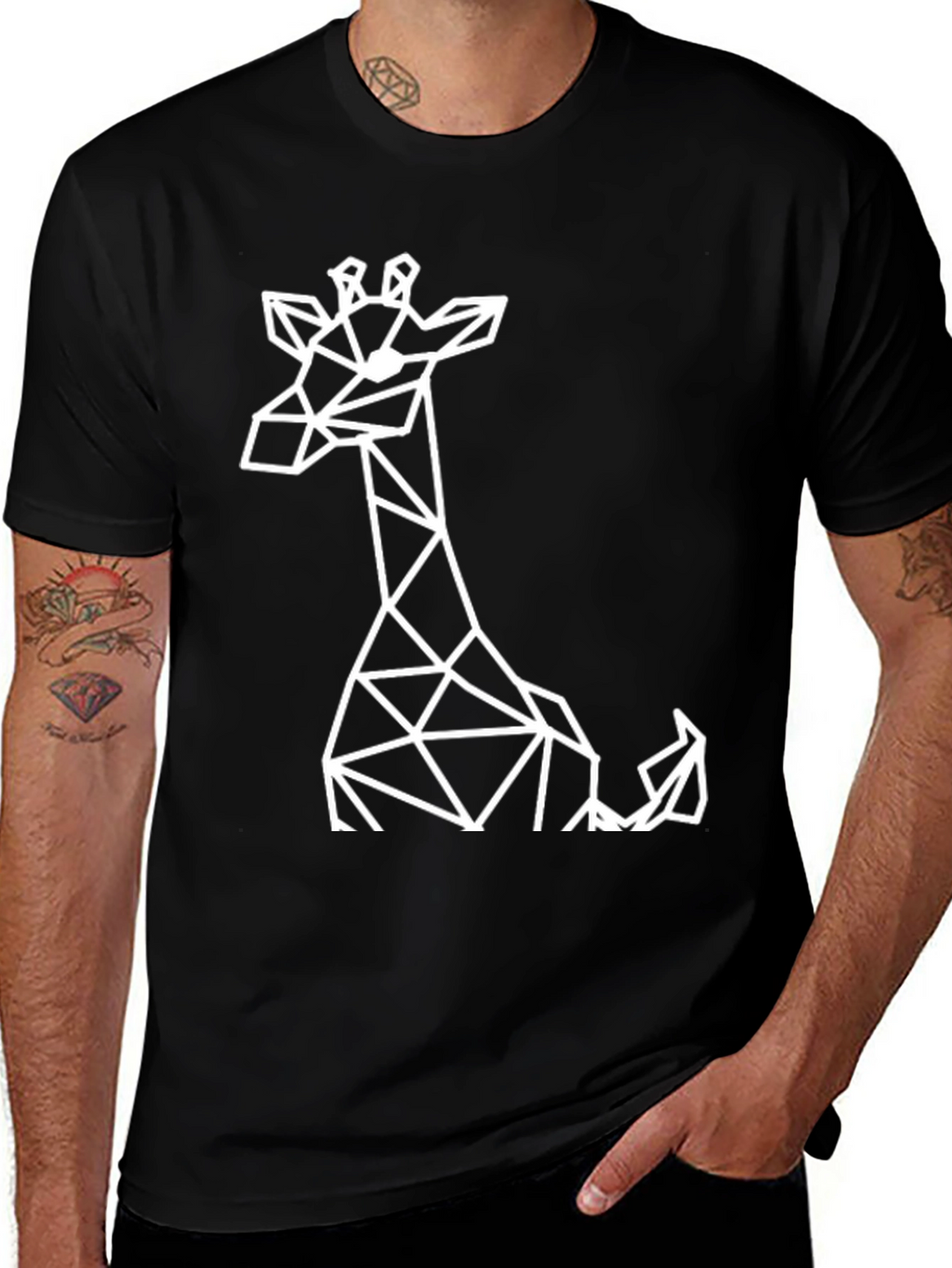 Geometric Giraffe Graphic Tee - Black Cotton T-Shirt