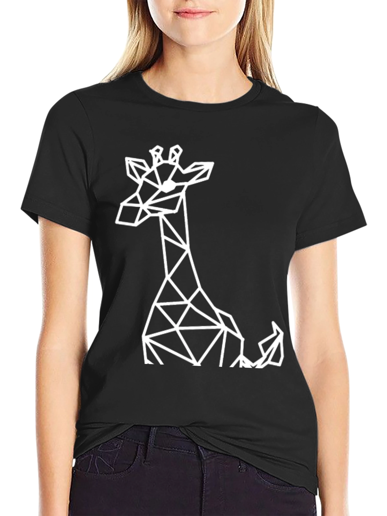 Geometric Giraffe Graphic Tee - Black Cotton T-Shirt