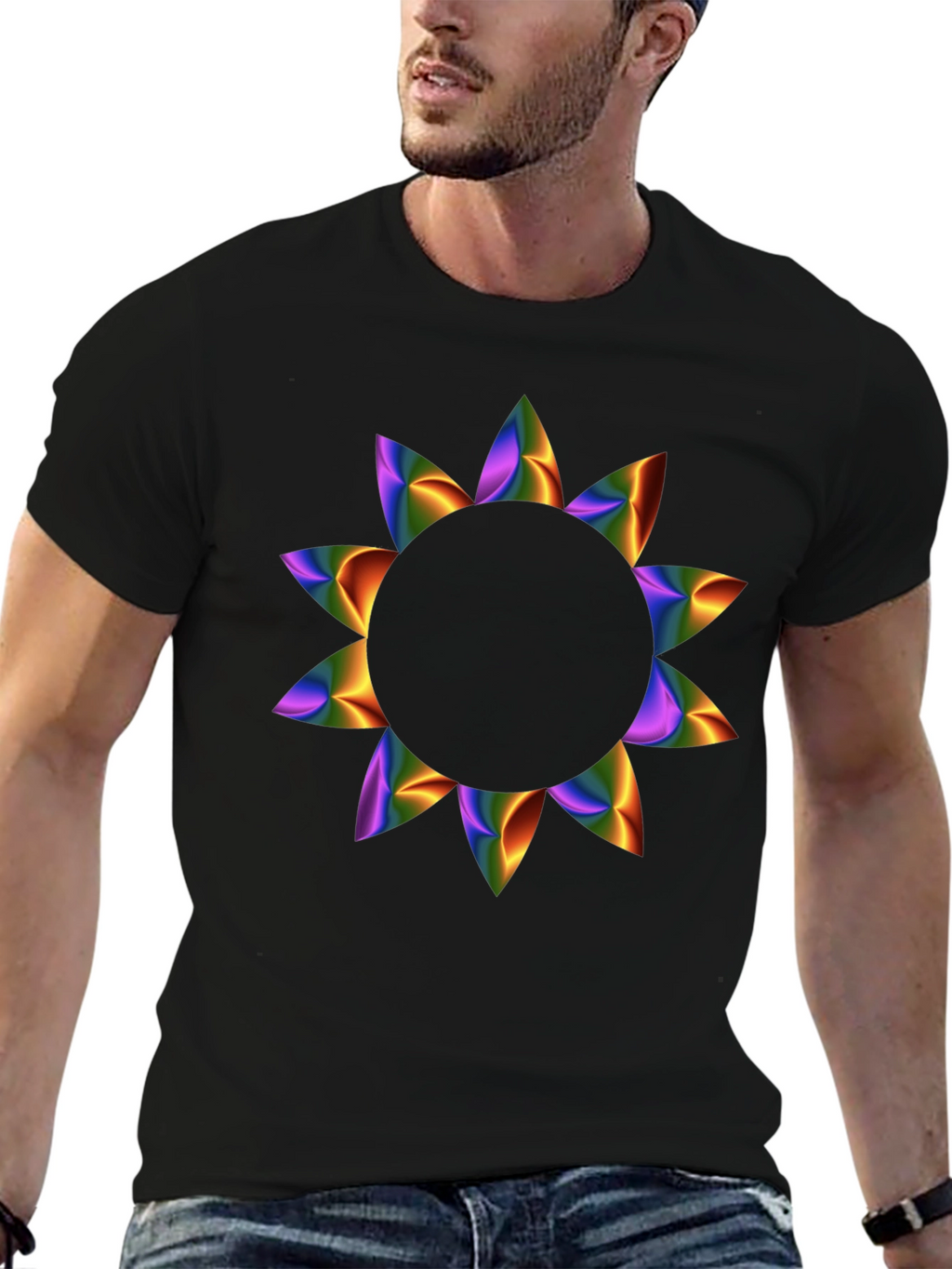 Rainbow Petal Graphic Black T-Shirt