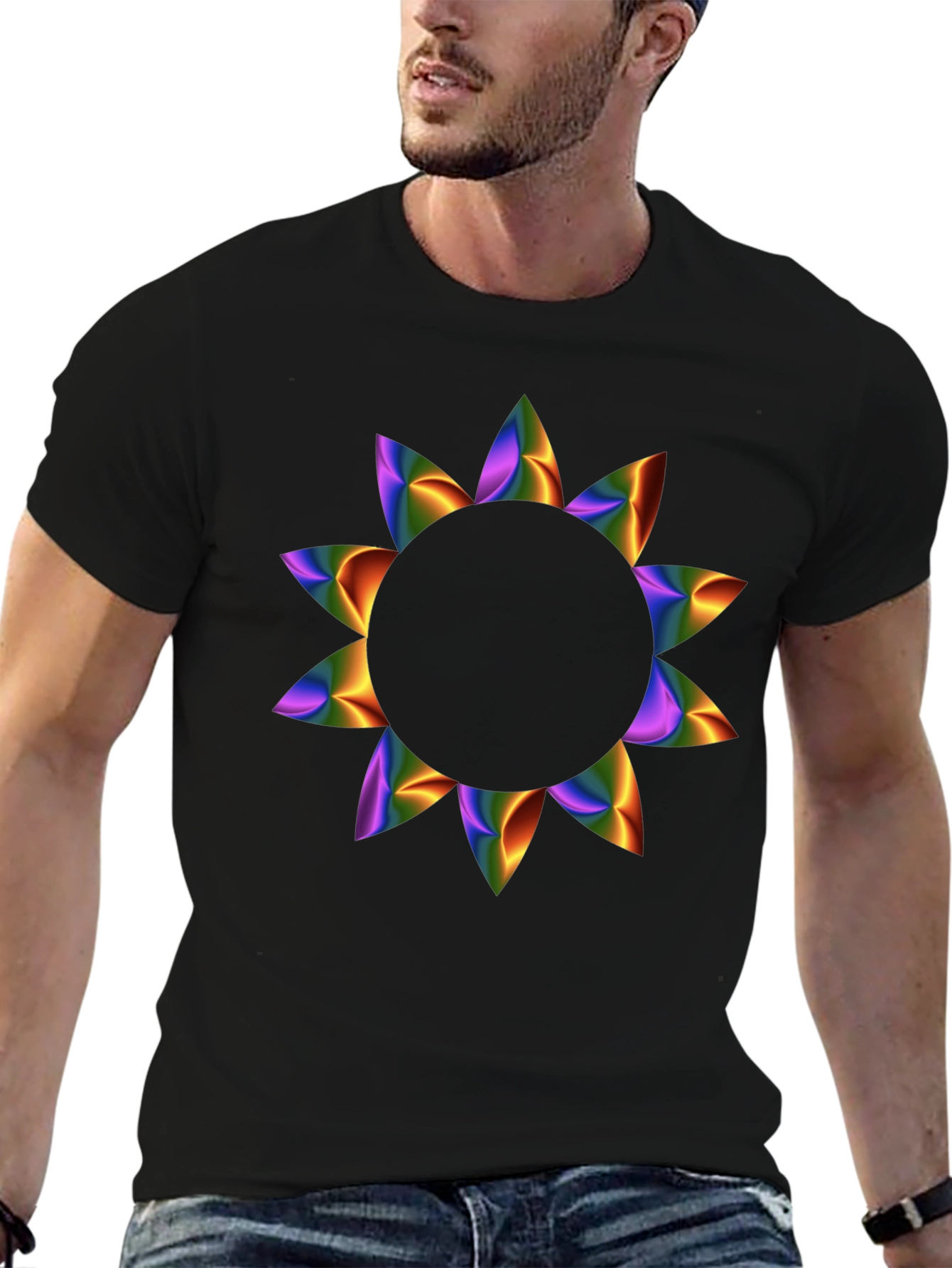 Rainbow Petal Graphic Black T-Shirt
