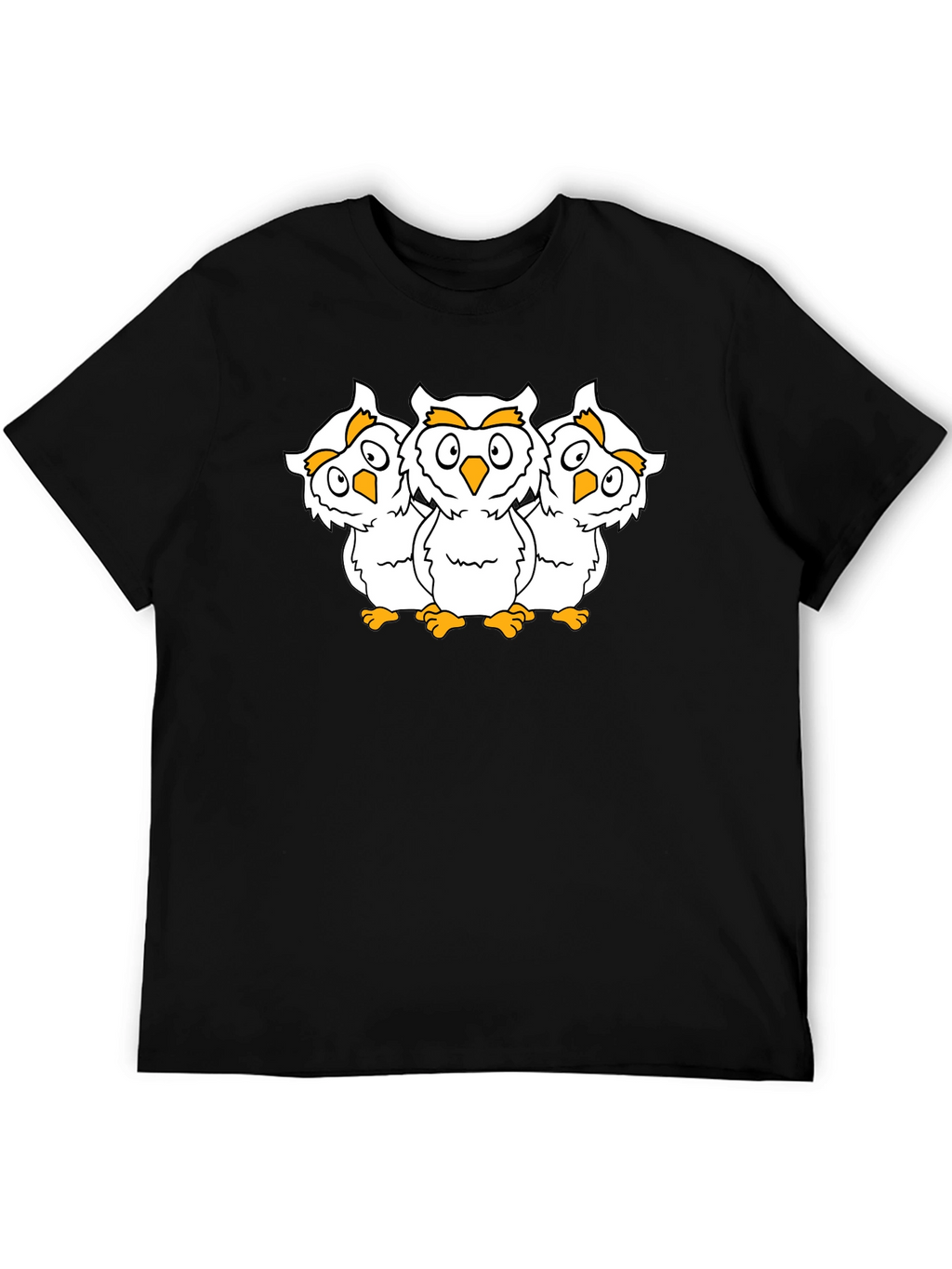 Black T-Shirt with Three Cartoon Owls