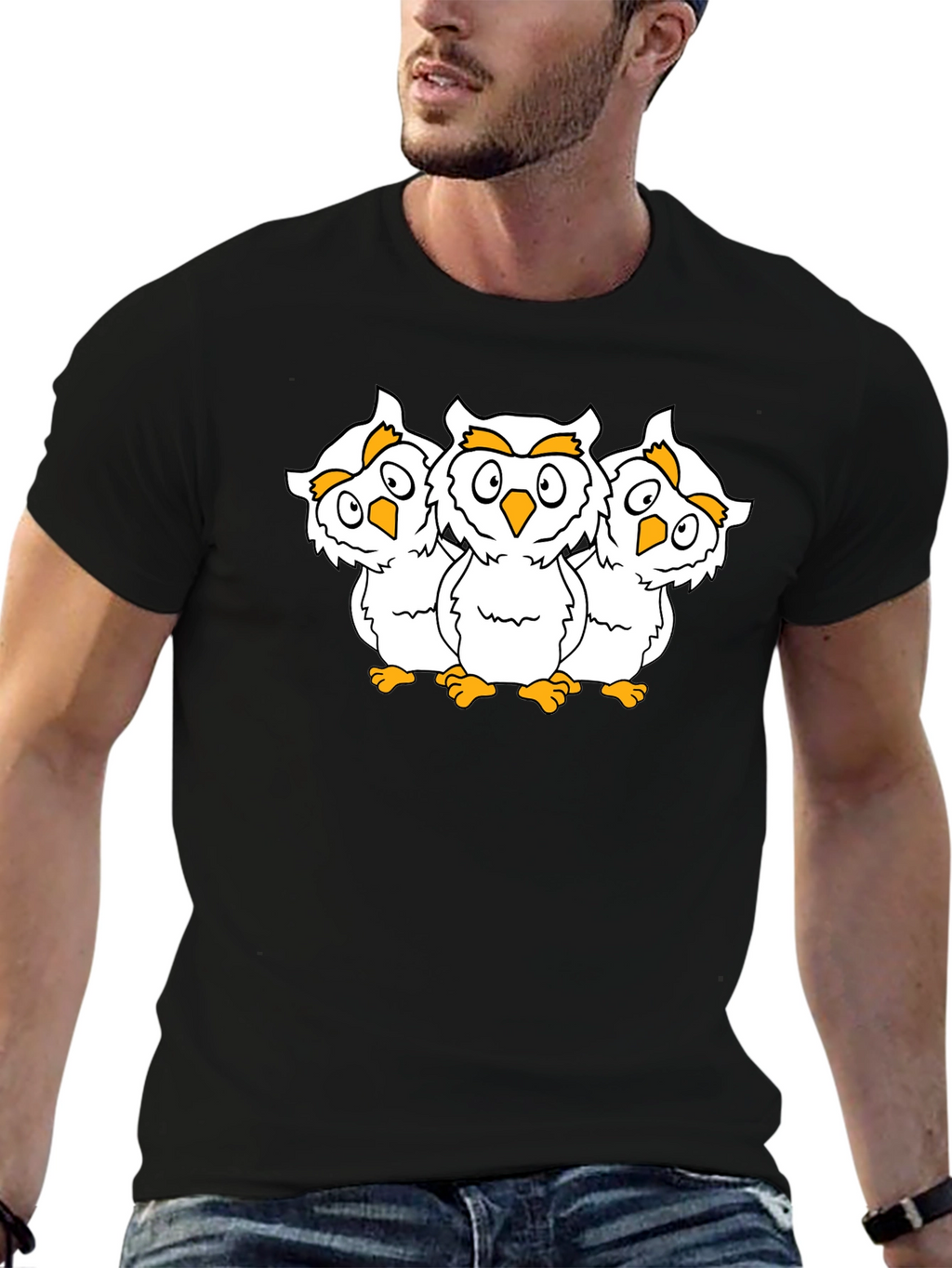 Black T-Shirt with Three Cartoon Owls