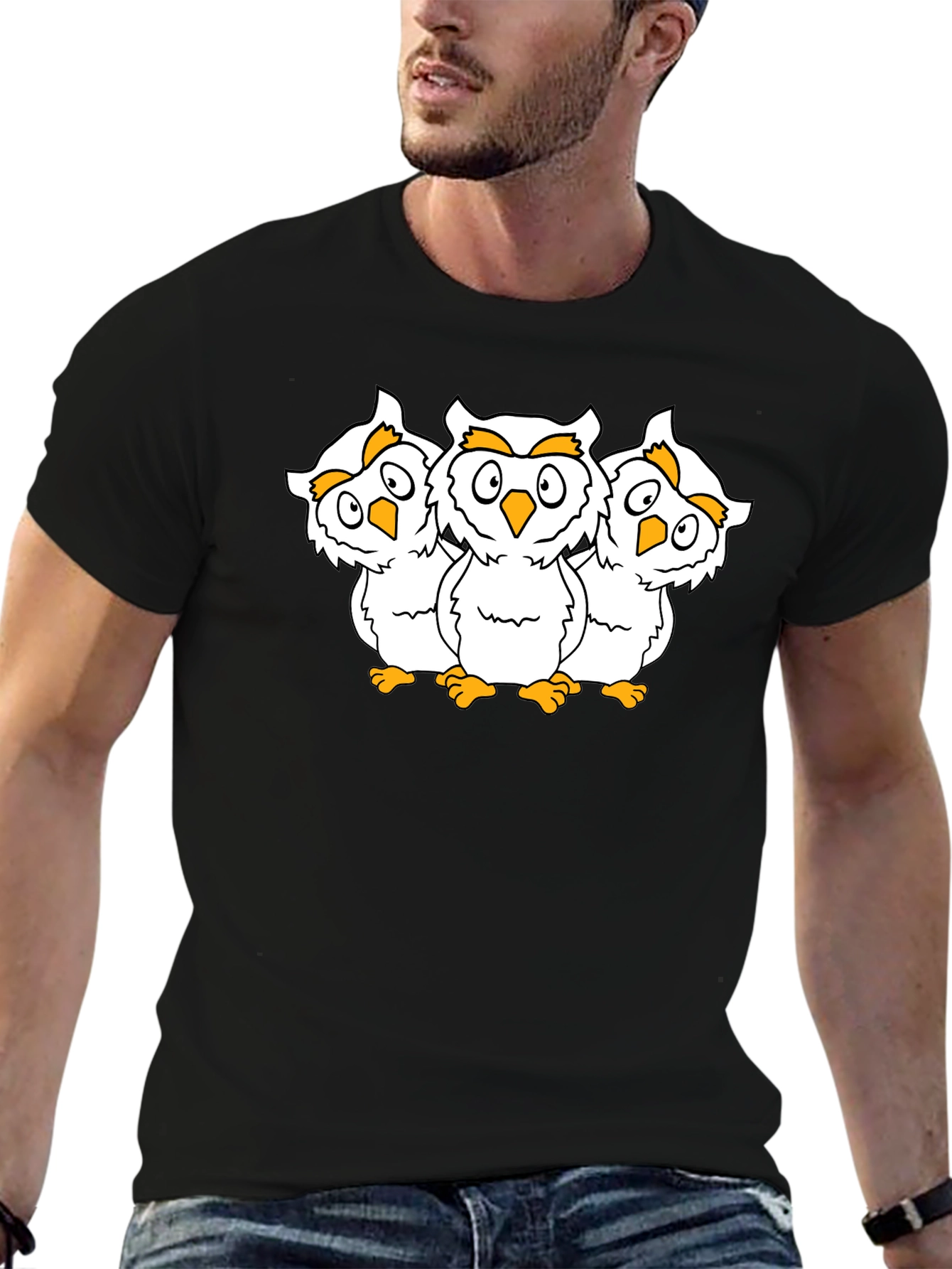 Black T-Shirt with Three Cartoon Owls