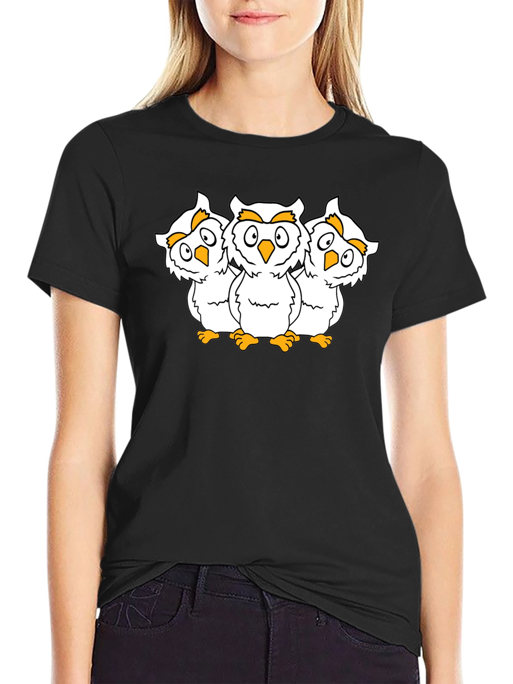 Black T-Shirt with Three Cartoon Owls